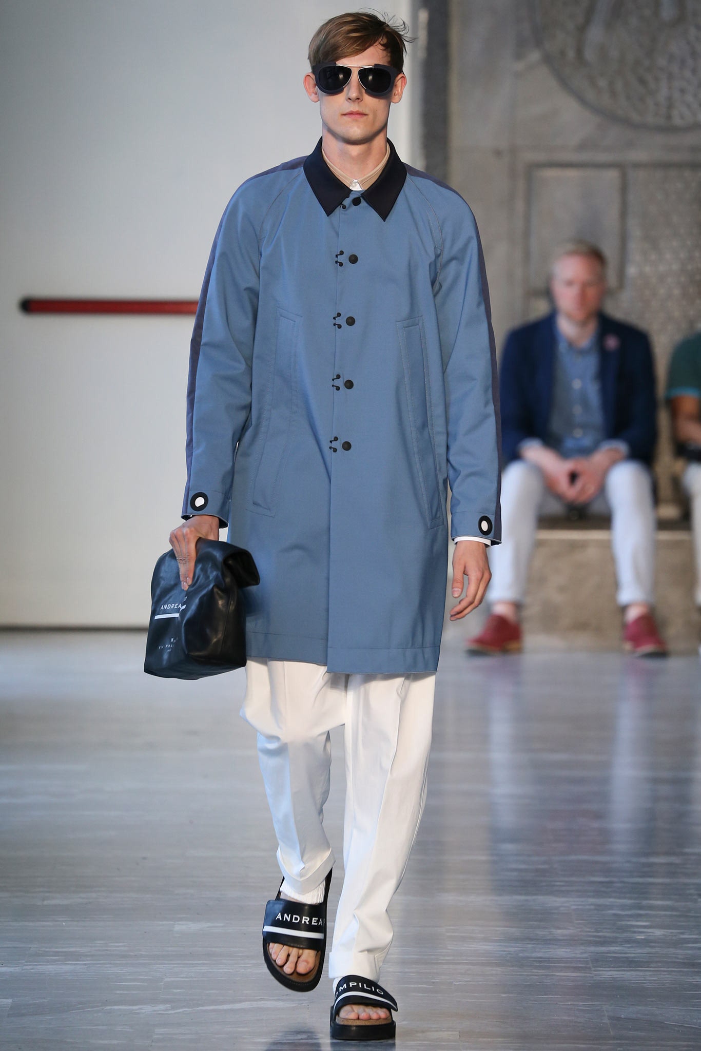 blue coat with white pants