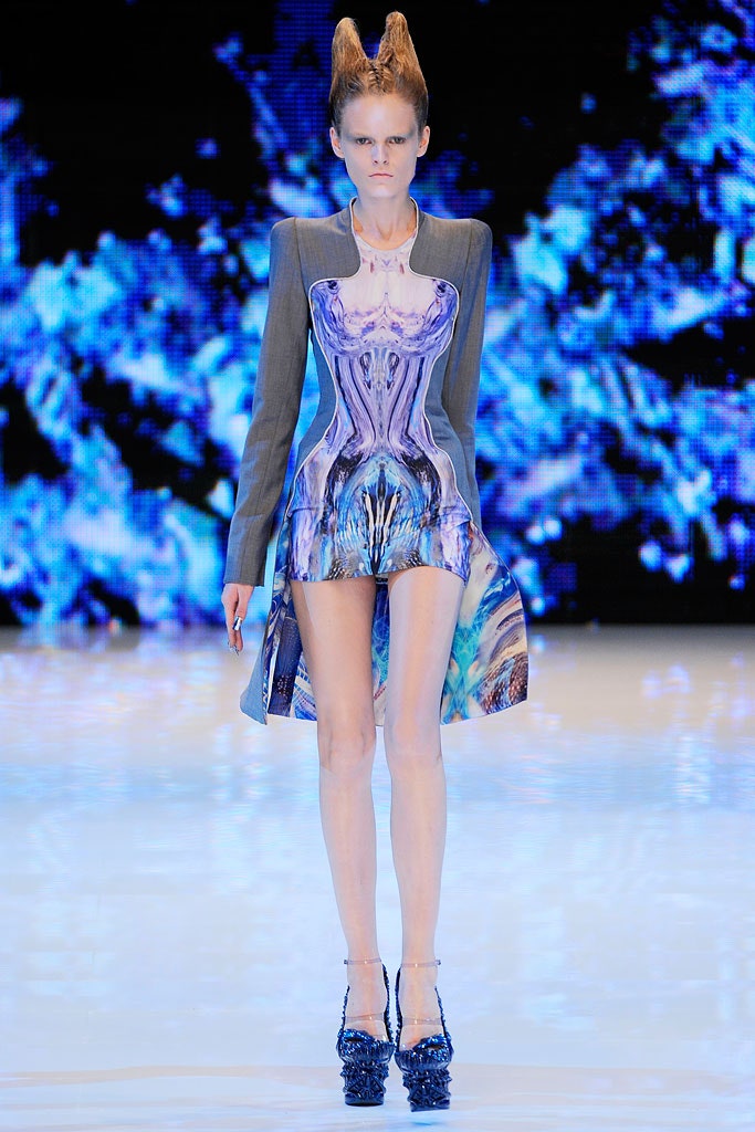 blue silk fitted mini dress with gray jacket