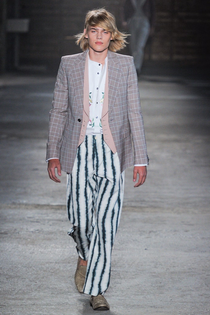 beige checked tailored blazer and flared pants