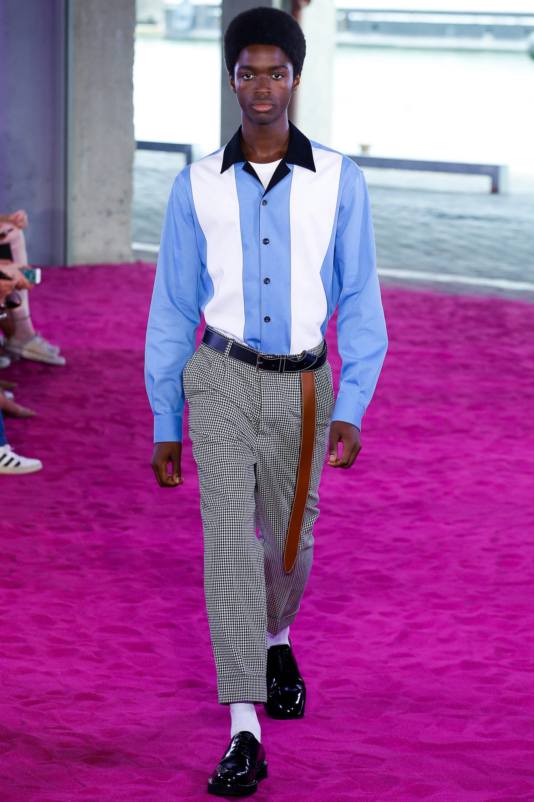 color-blocked blue and white shirt with tailored pants