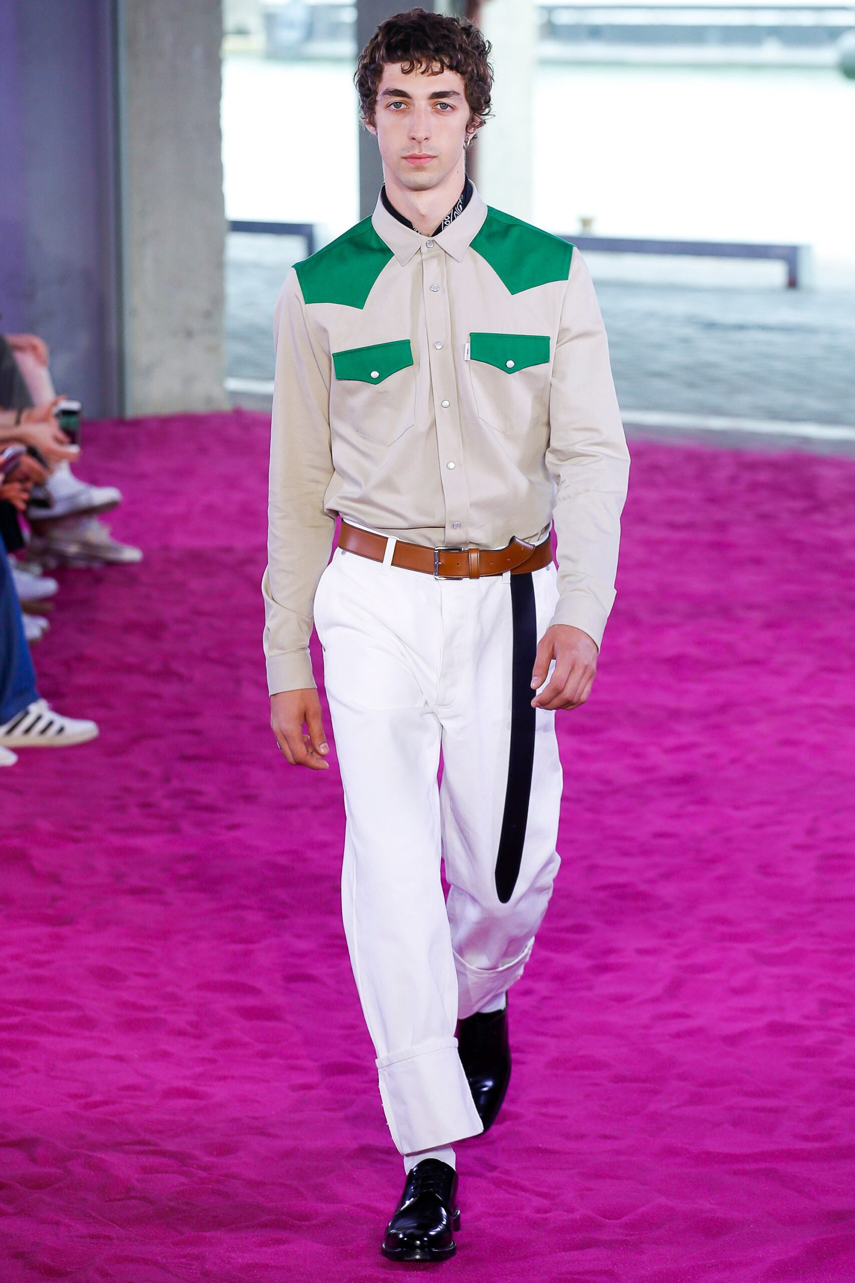 beige green collared shirt with white pants