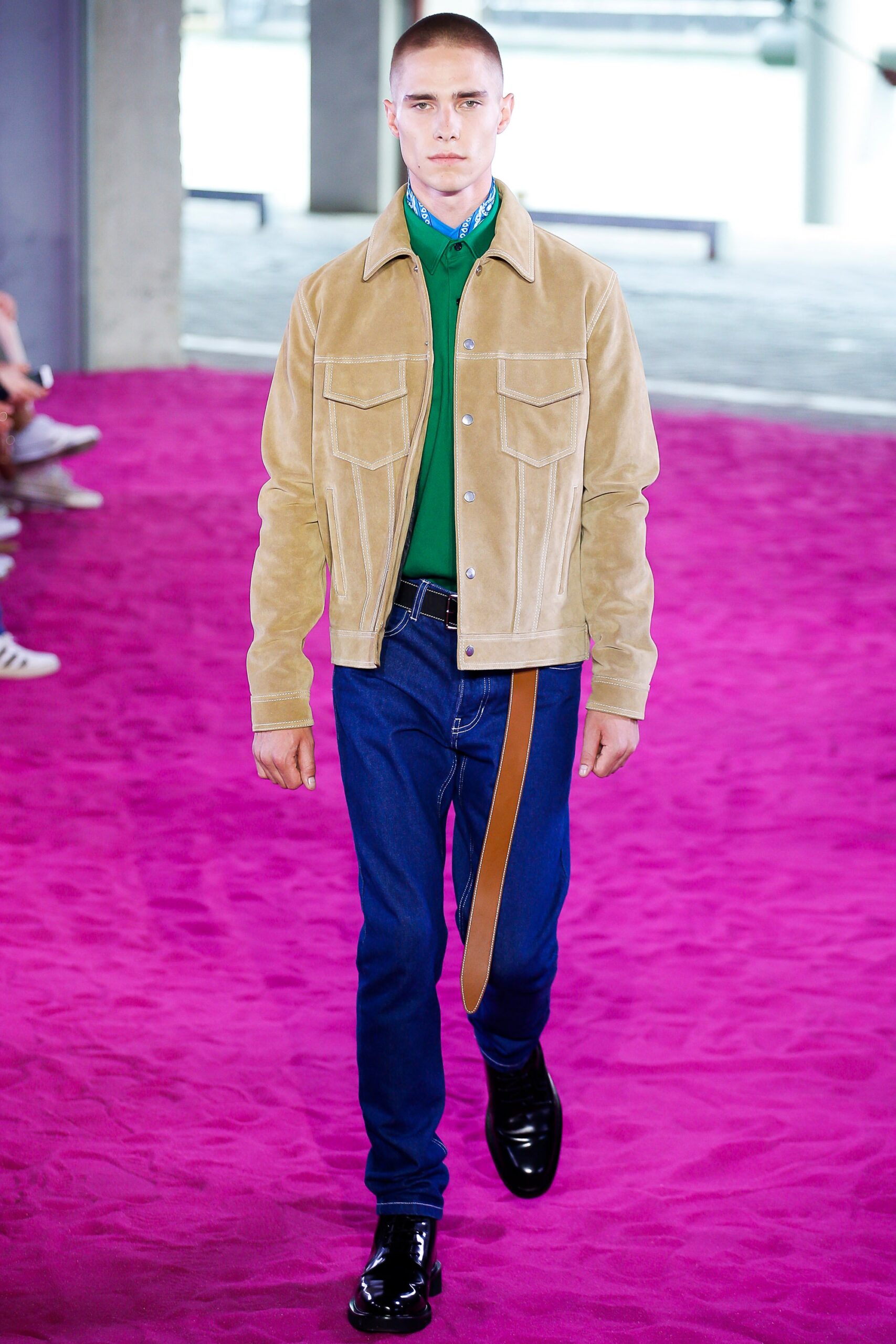 beige suede jacket with green shirt