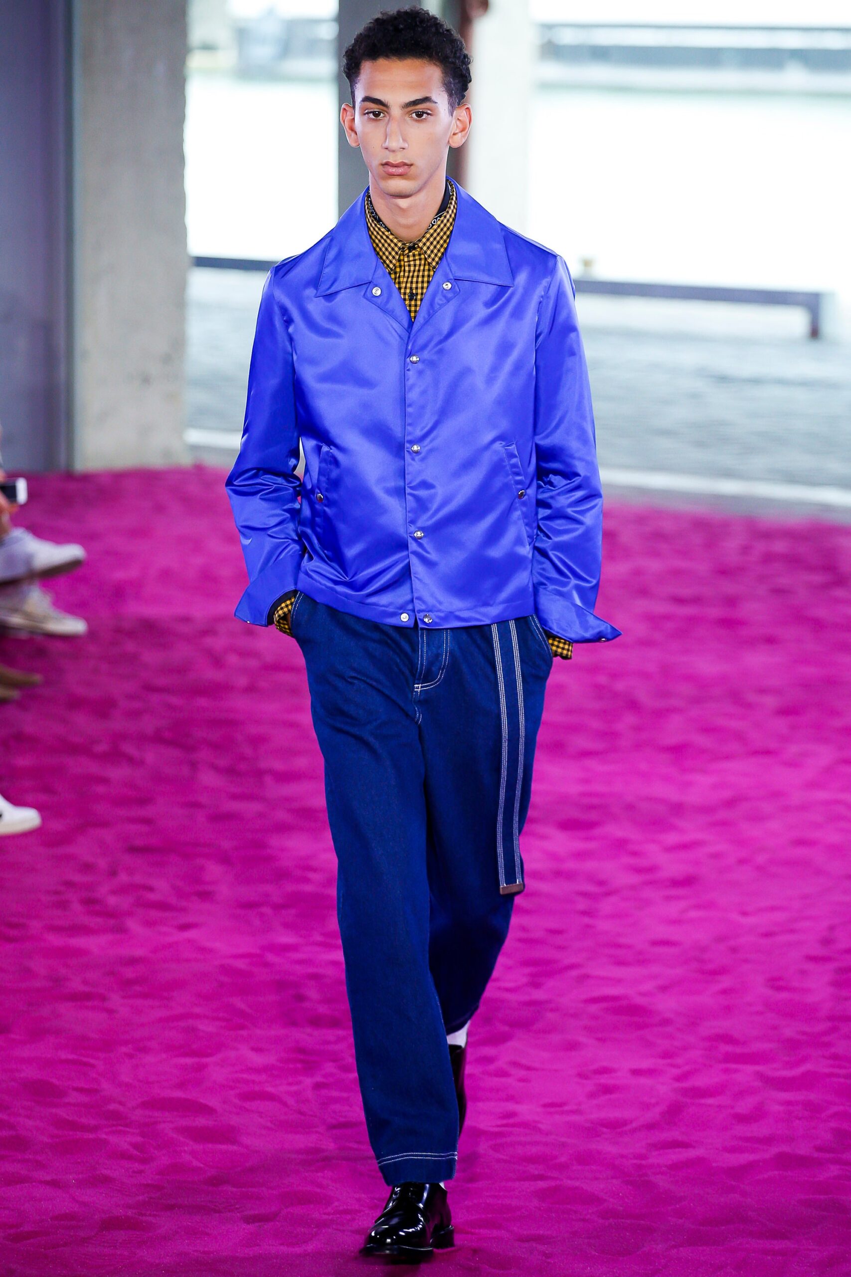 blue satin long-sleeve collared relaxed shiny jacket