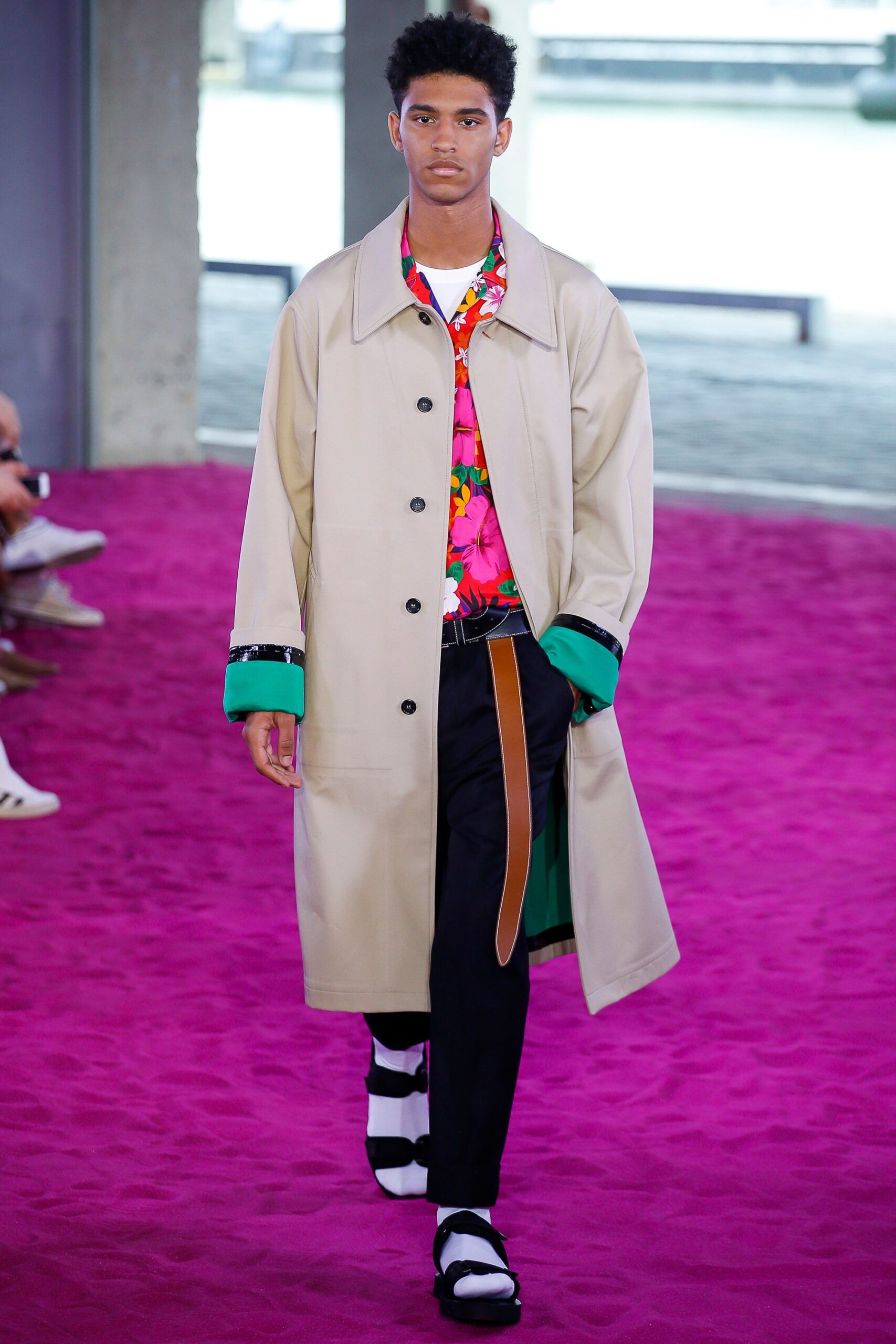 beige coat with floral shirt