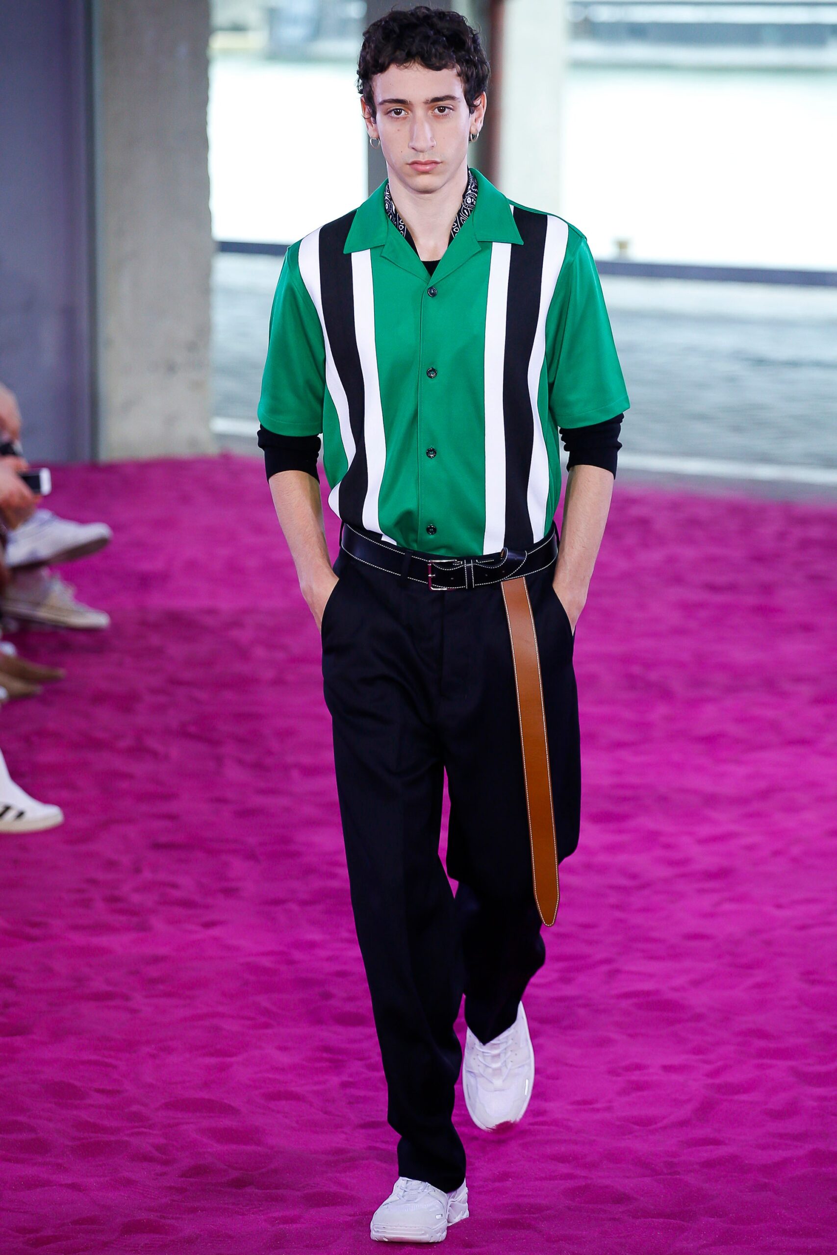 green striped shirt with tailored pants