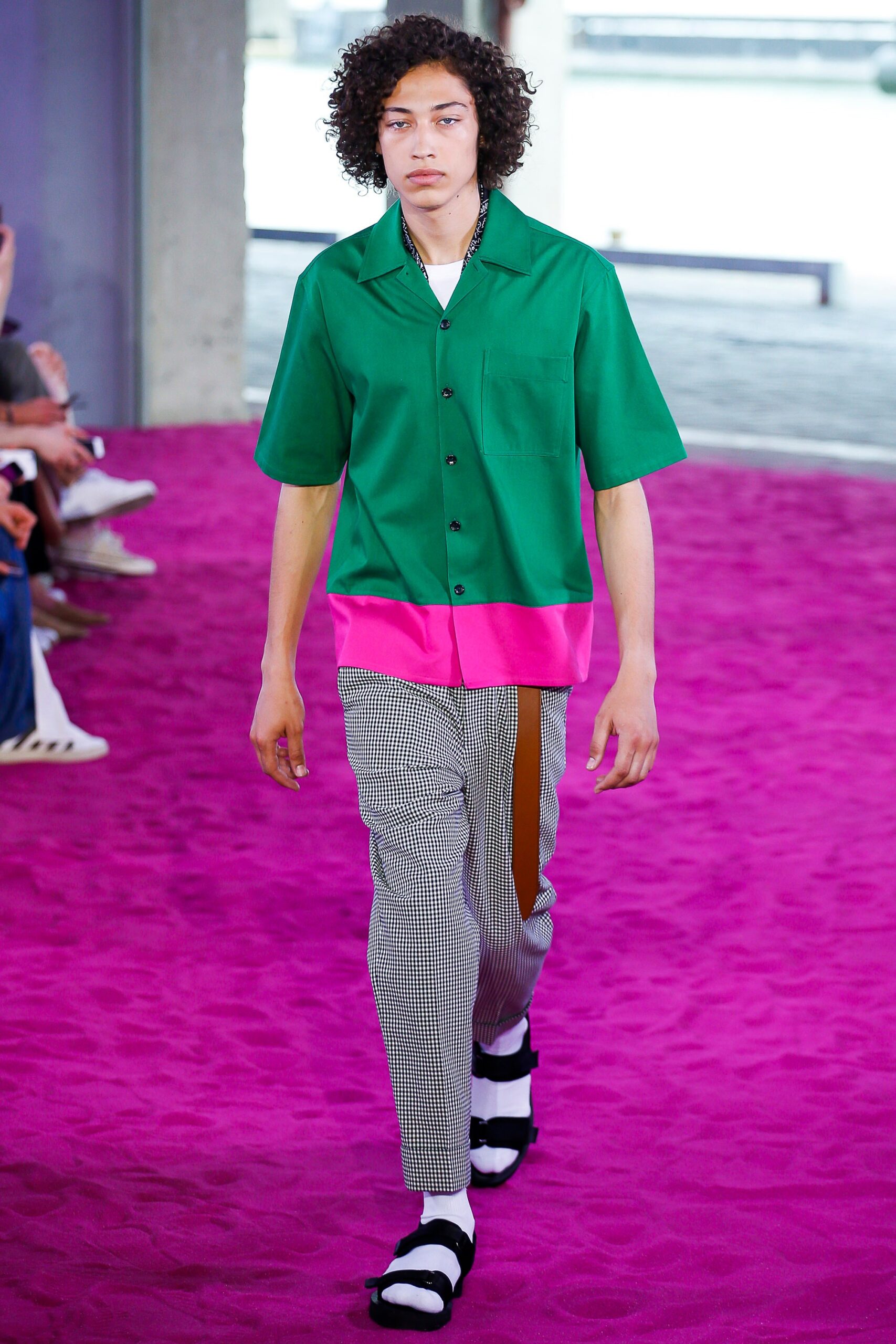 green and pink relaxed shirt with checkered pants