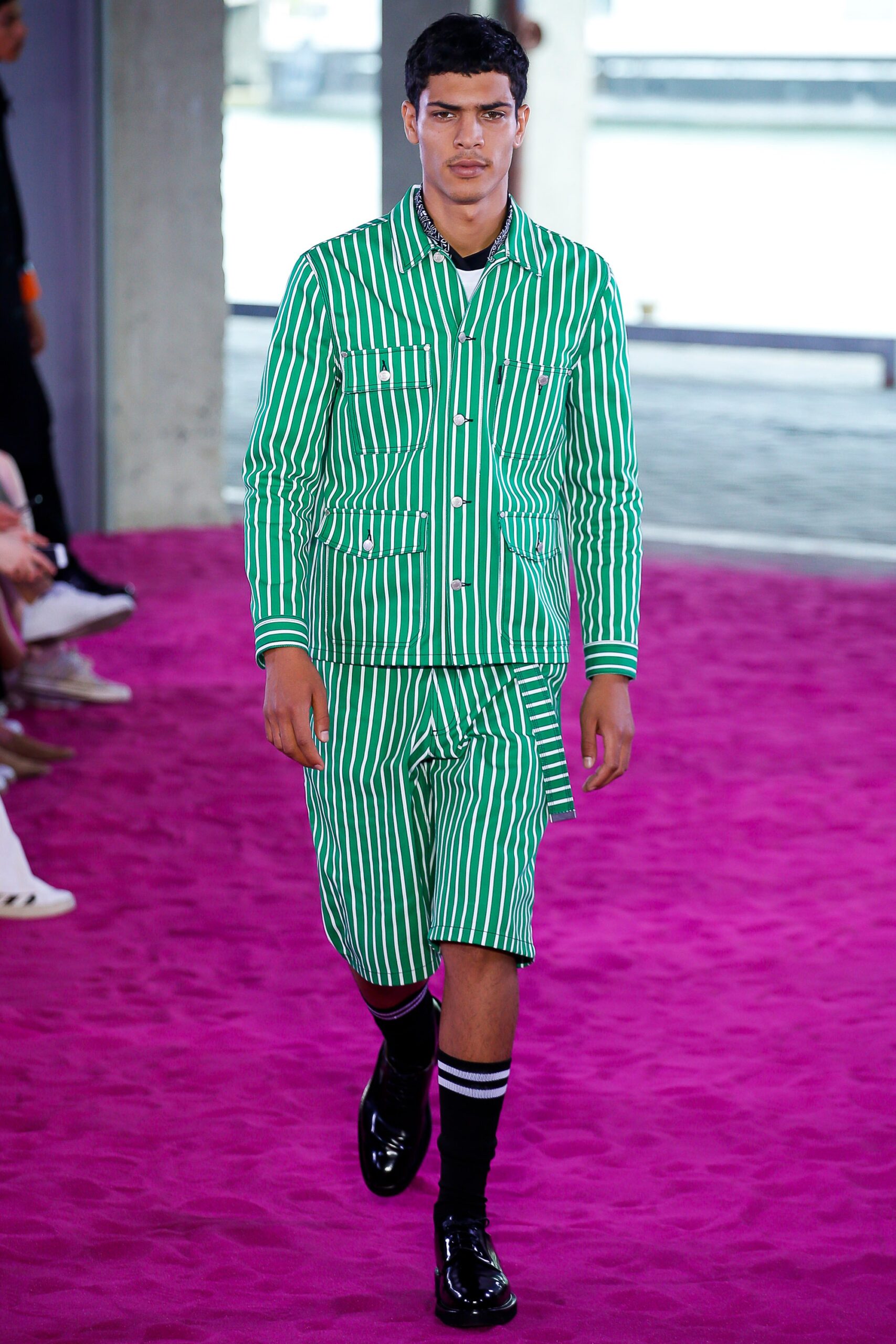 green and white striped shirt and shorts