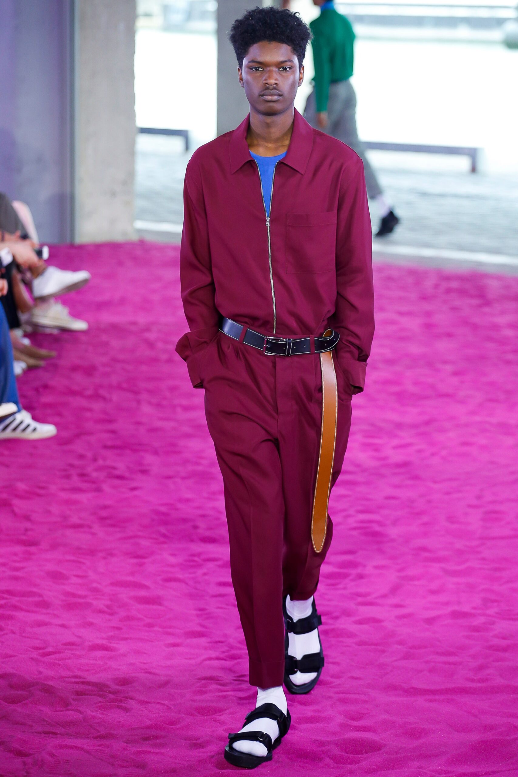 maroon suit with blue shirt