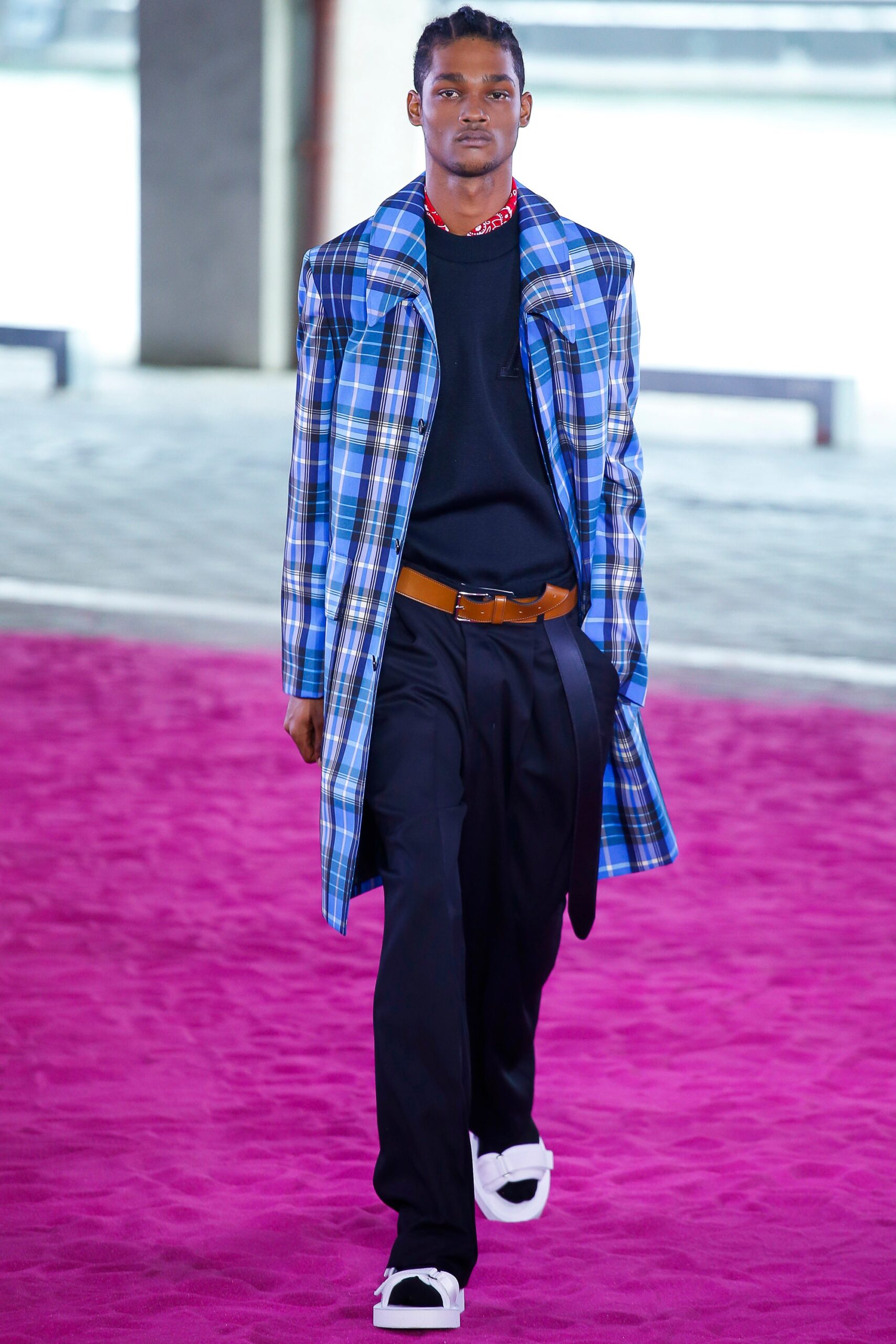 blue checked coat with black sweater