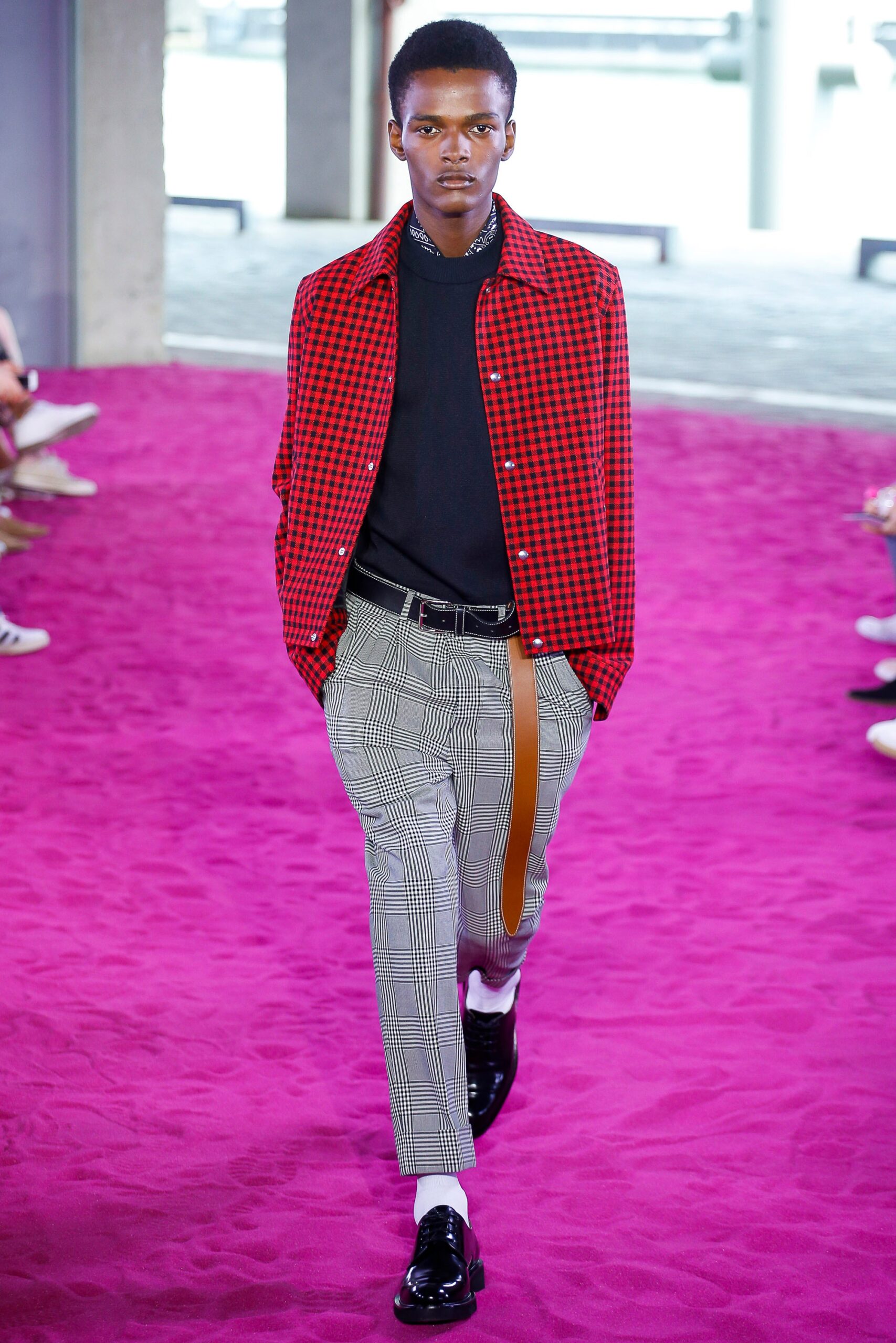 red checked shirt with tailored pants