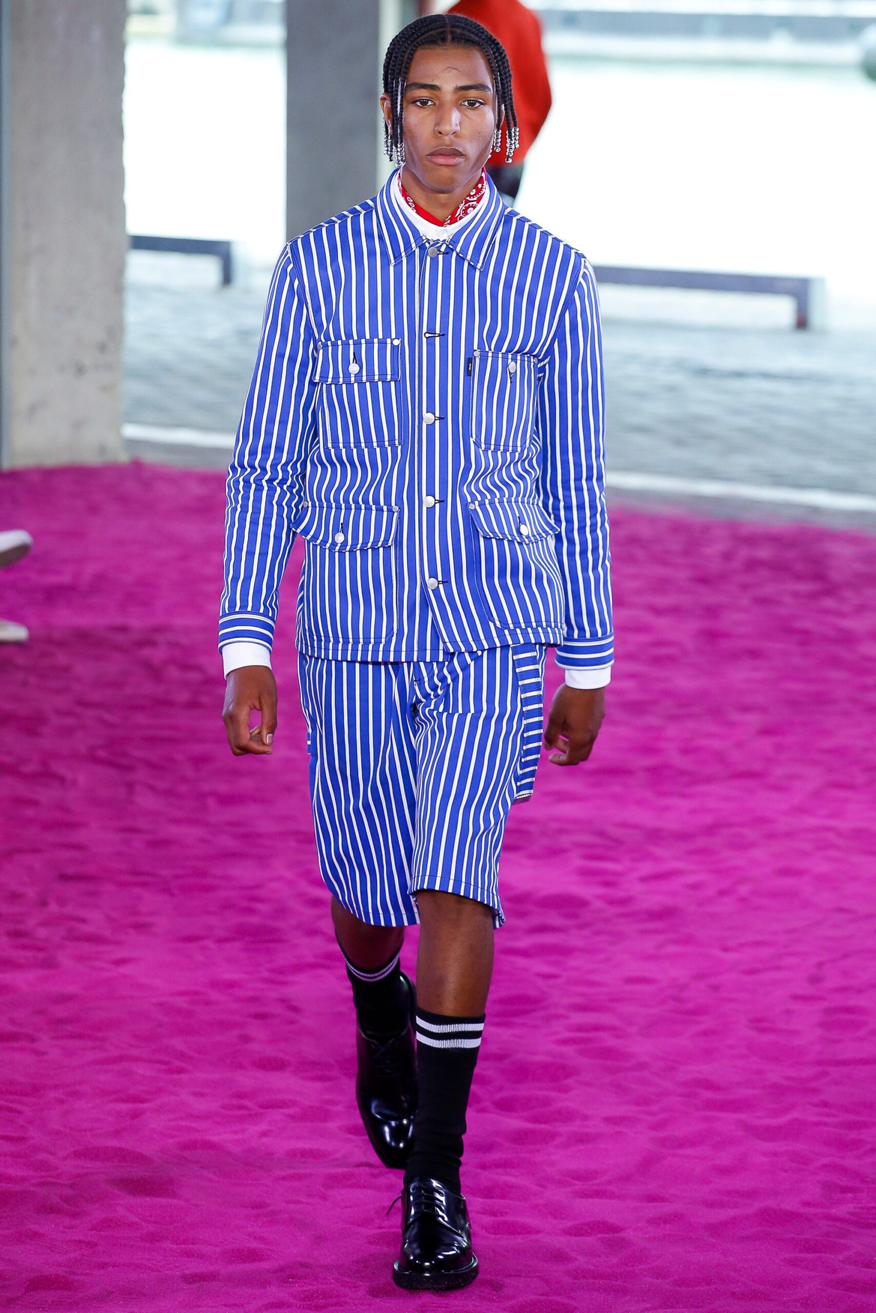 blue and white striped jacket and shorts