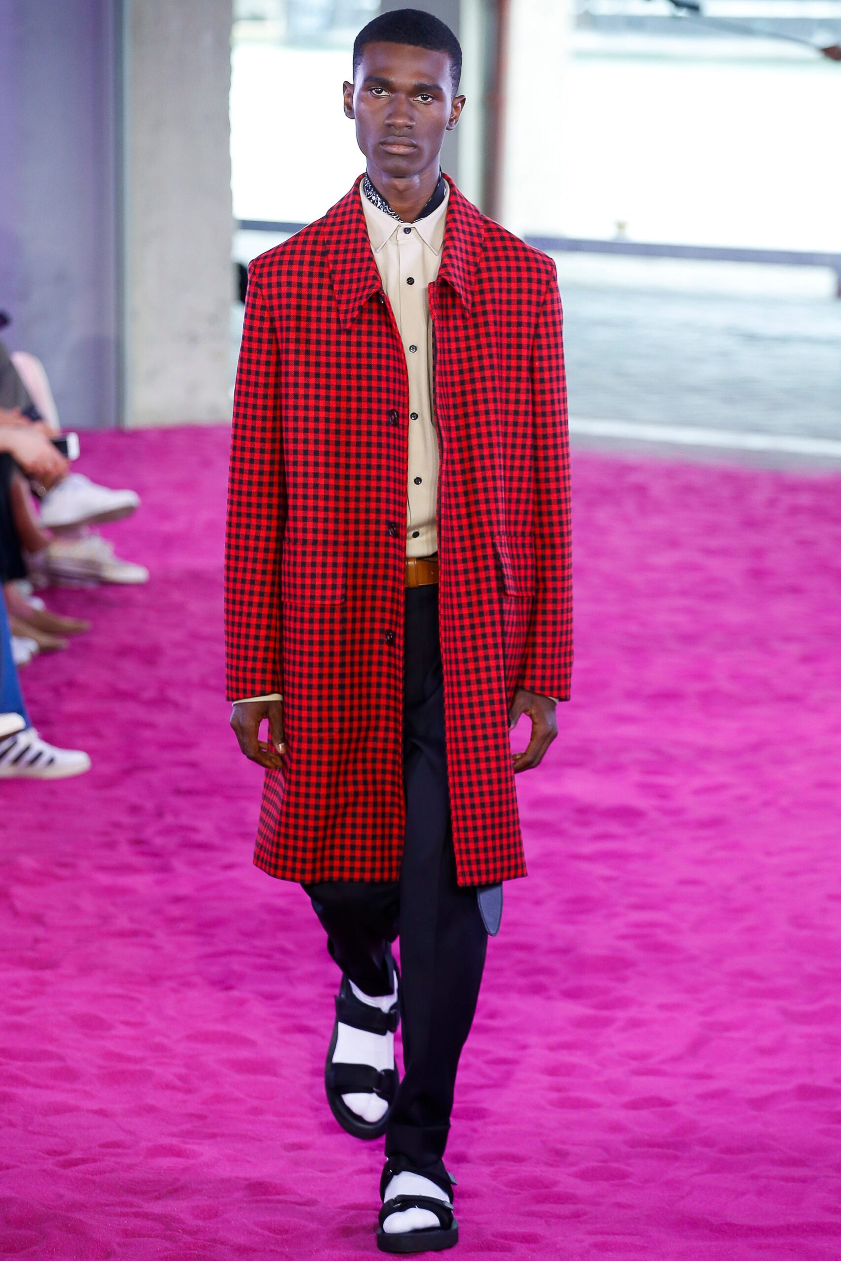 red and black checked coat