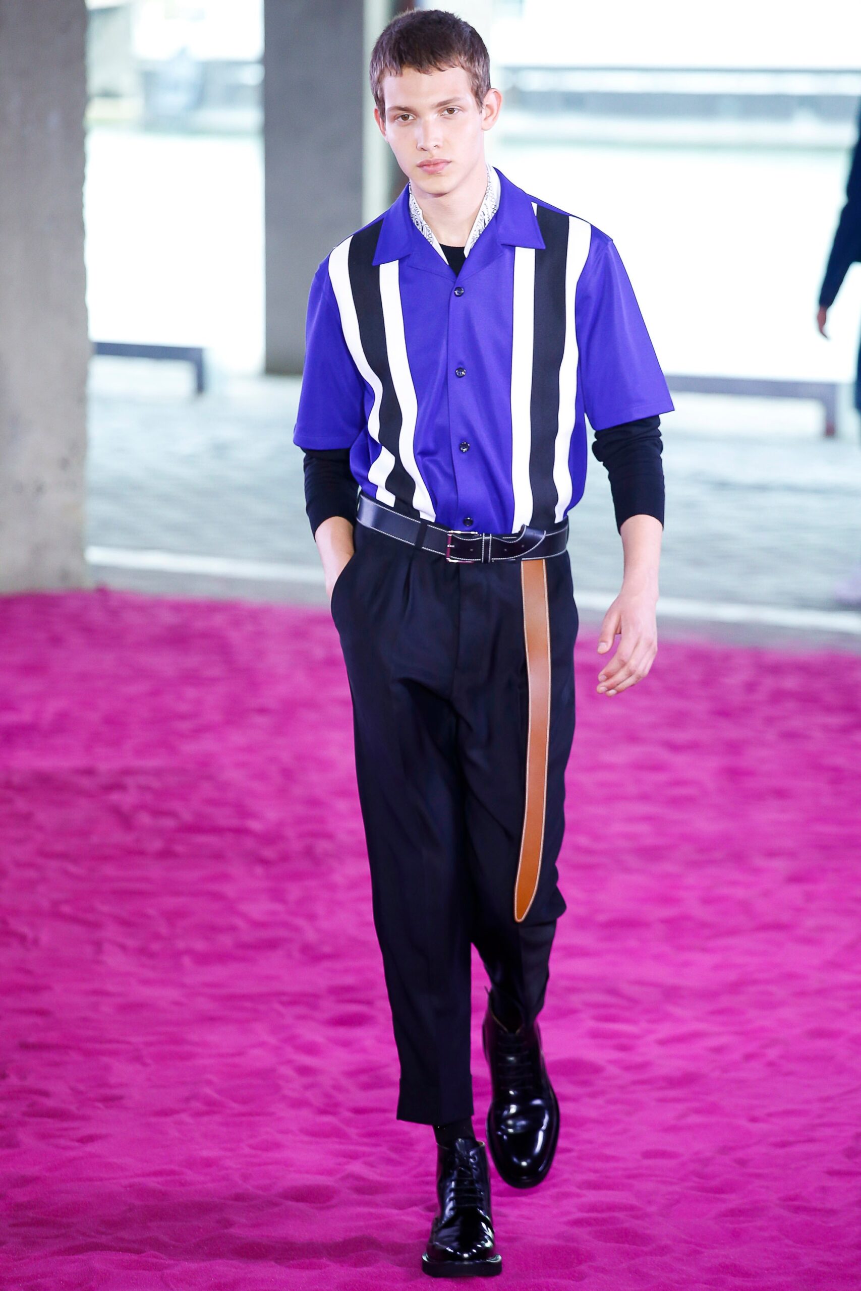 purple and black striped shirt with tailored pants