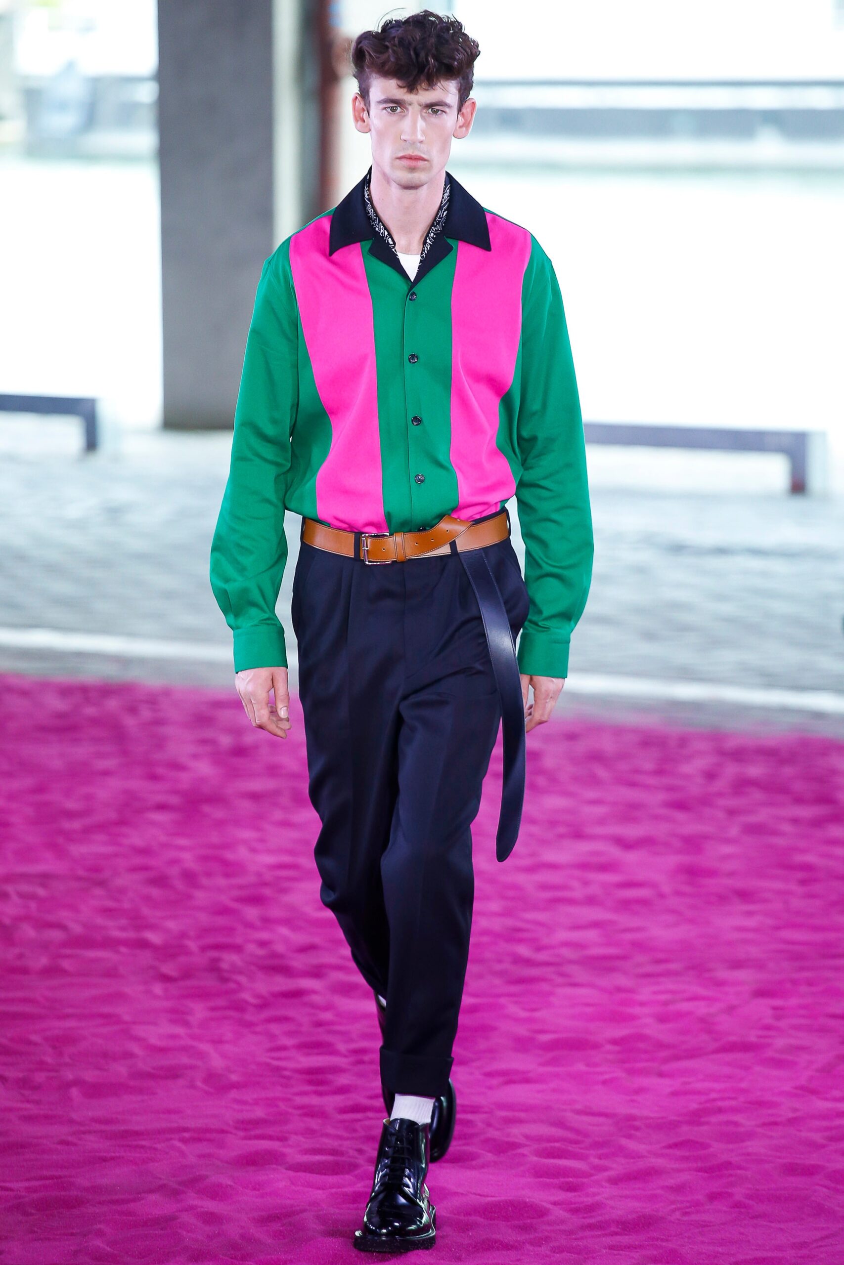 color-blocked shirt with tailored pants