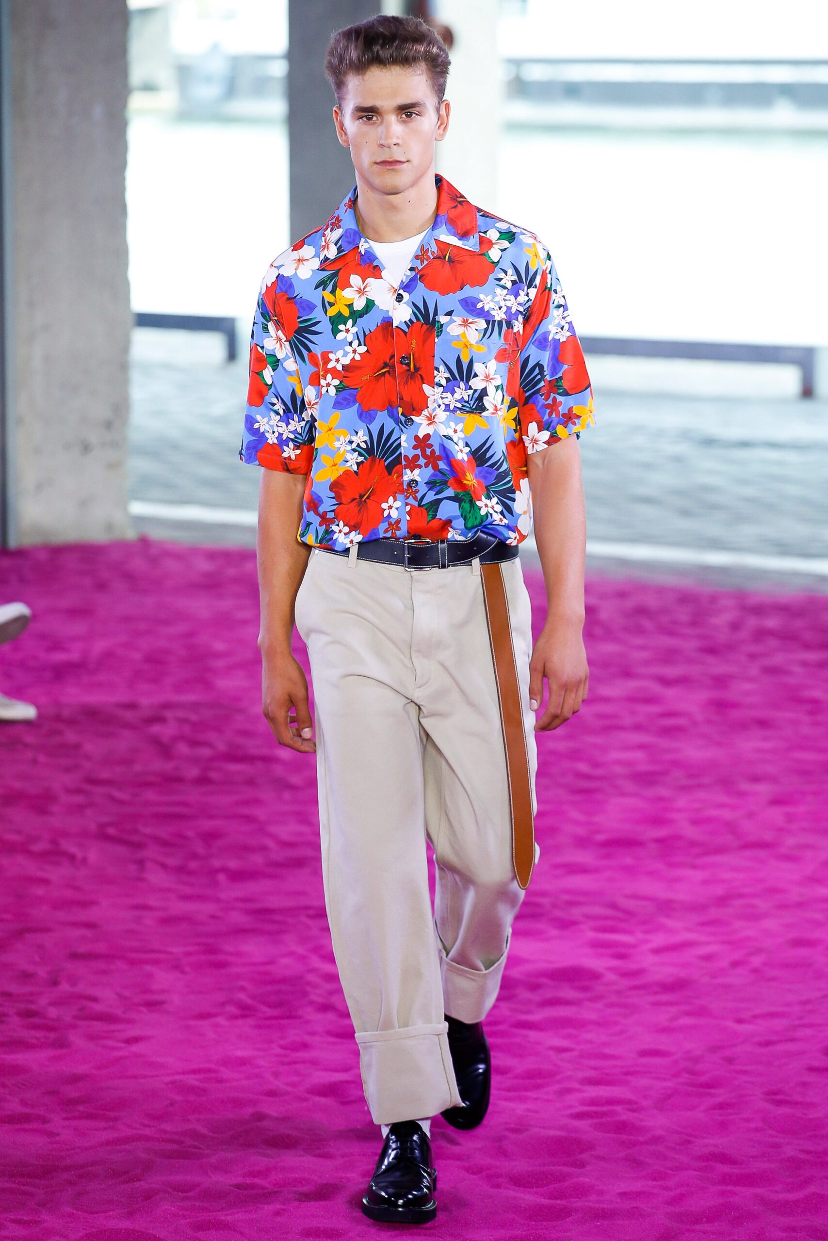 floral short-sleeve shirt with relaxed pants