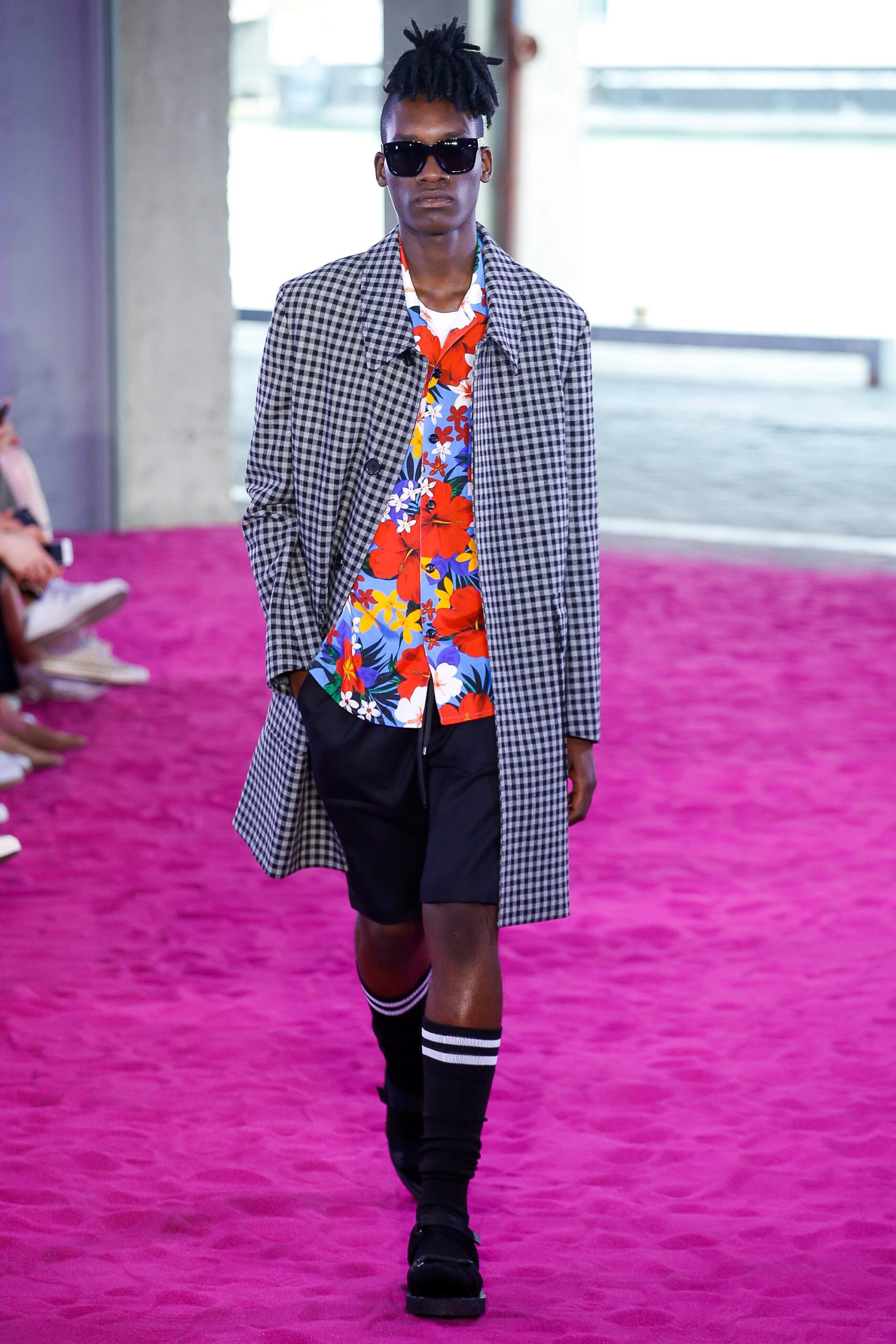 checked coat with floral shirt