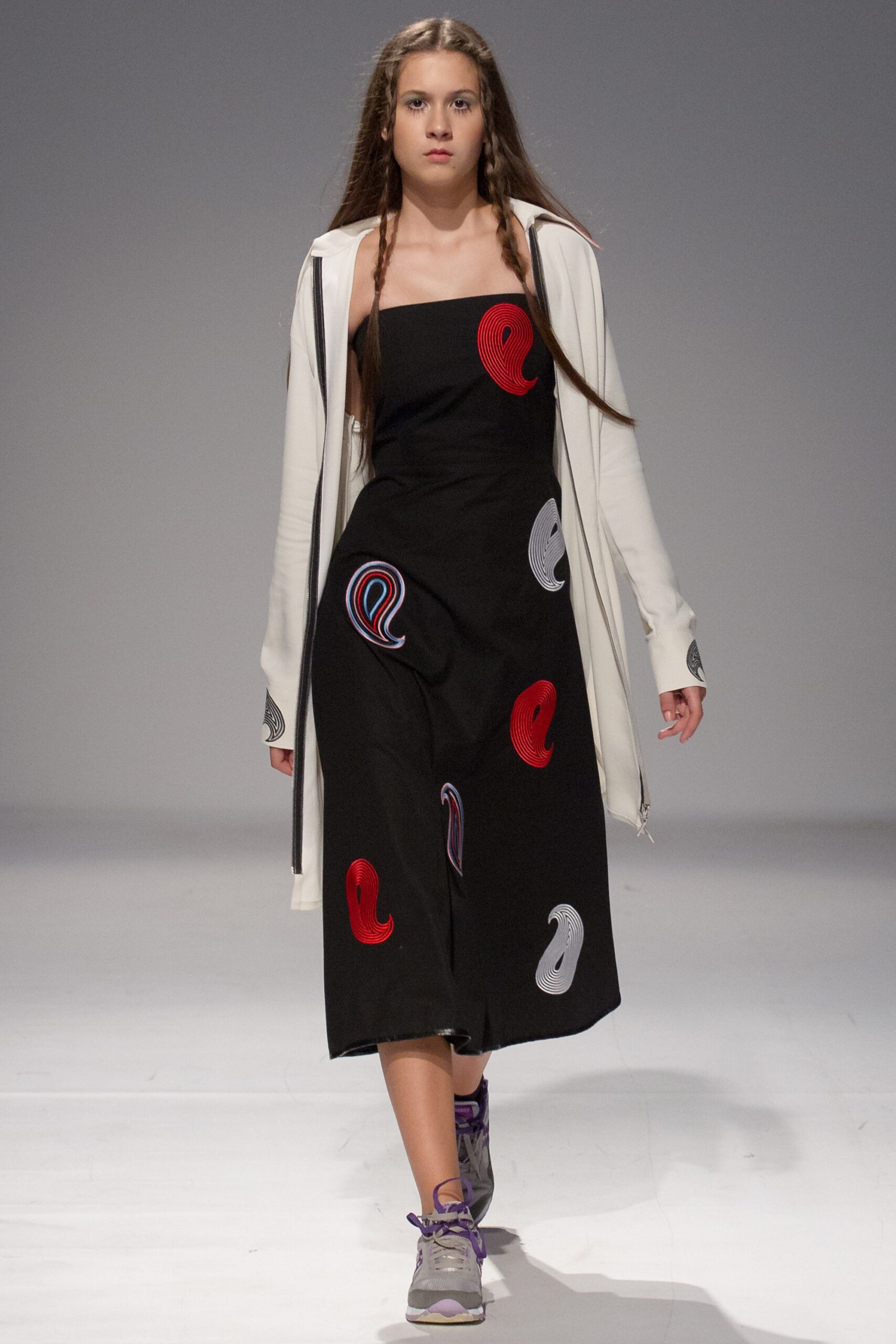 black embroidered midi dress with white jacket
