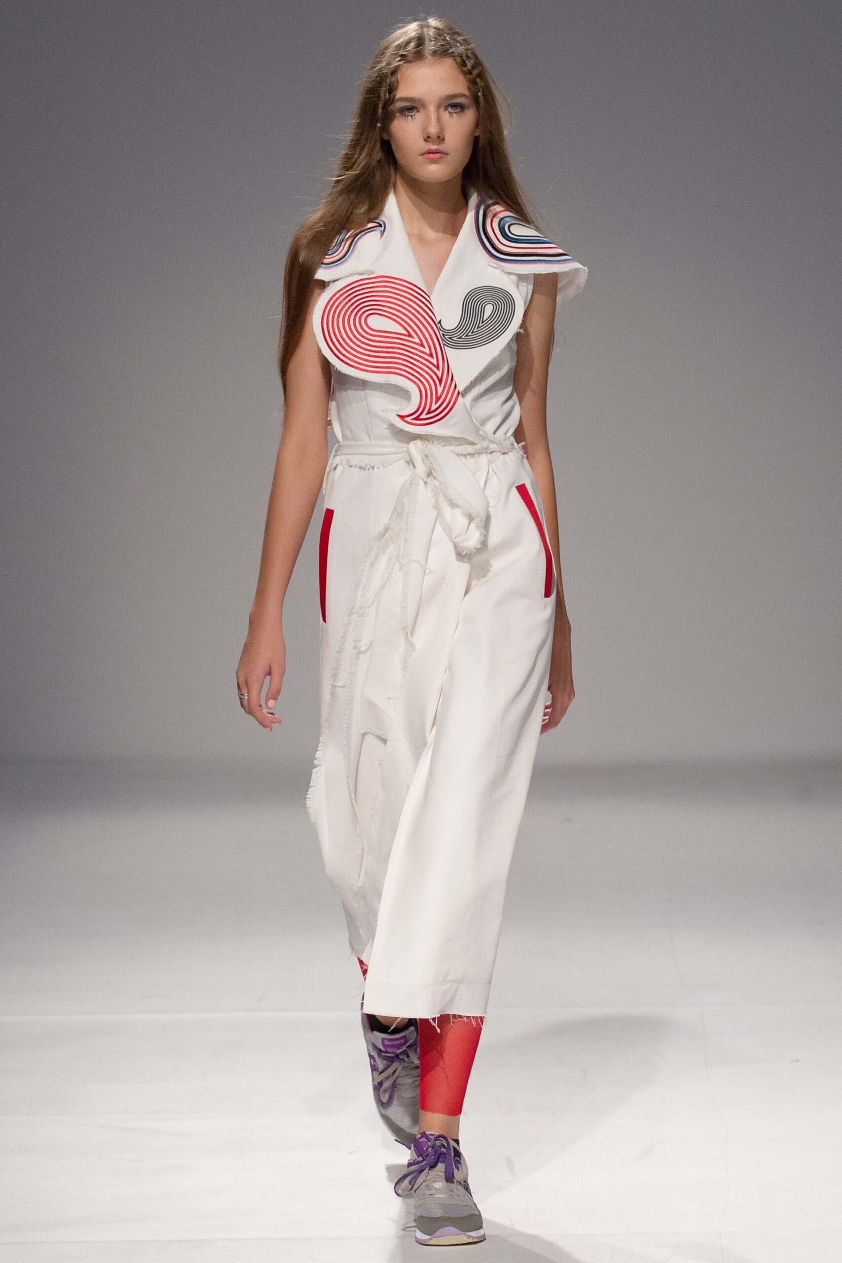 white printed midi dress with red pants