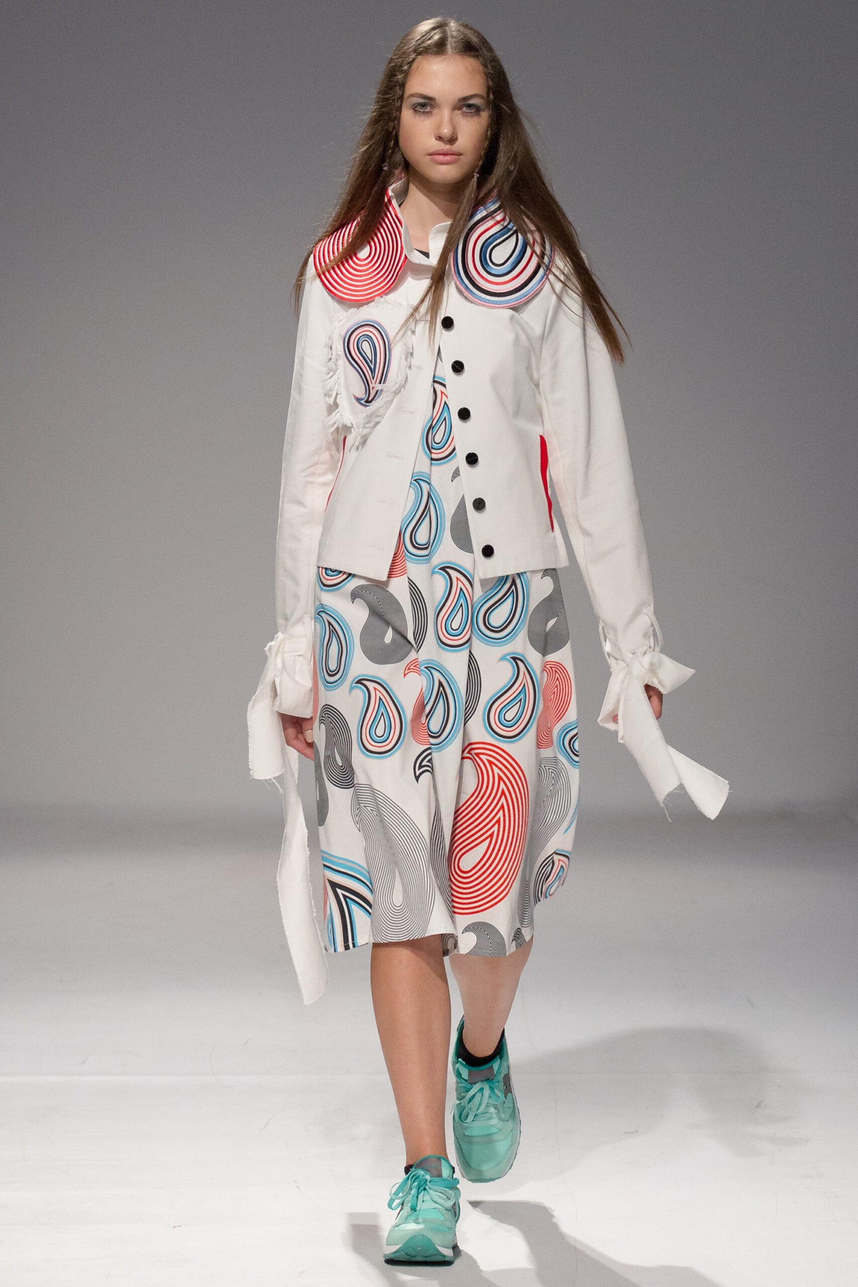 white jacket multi printed dress