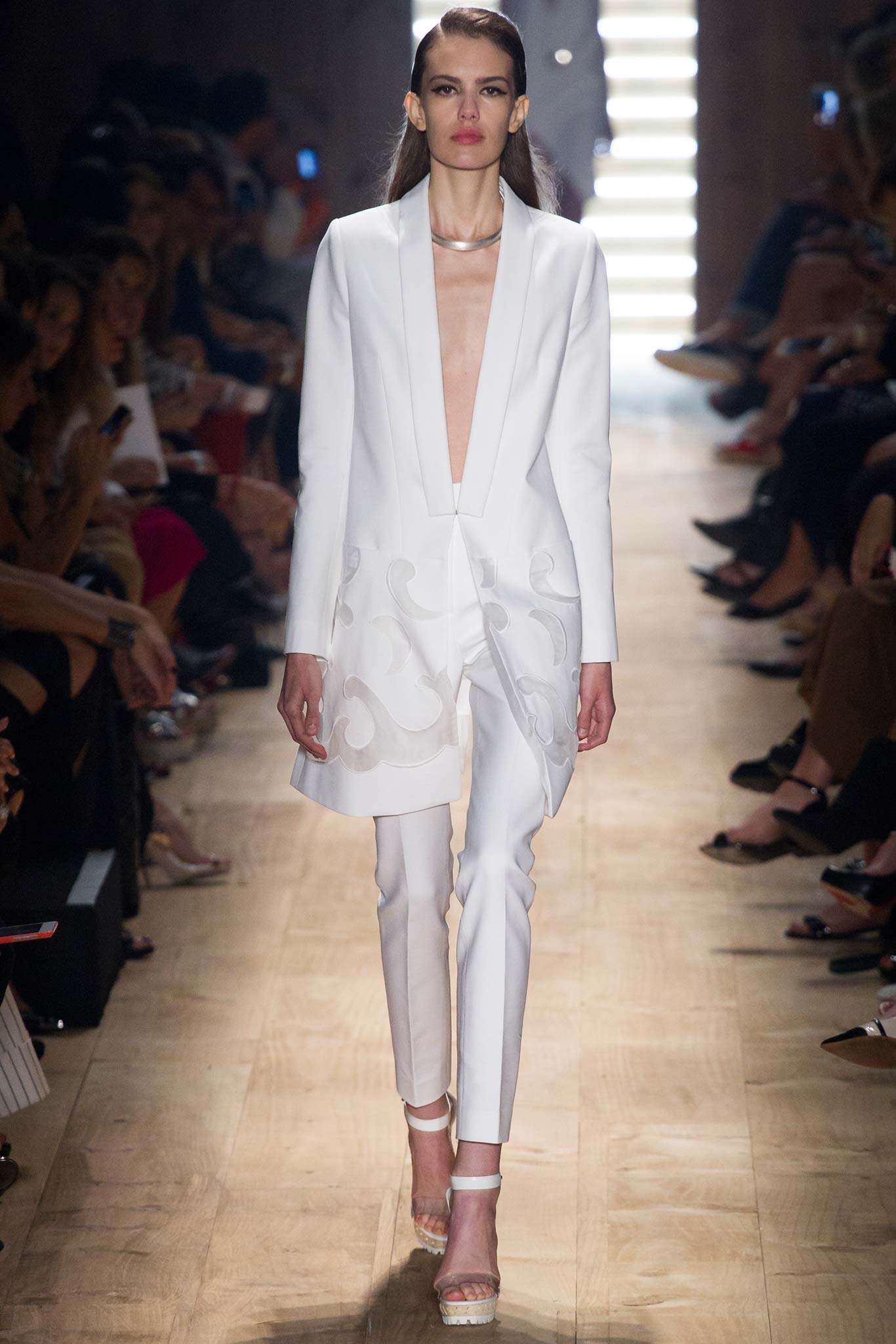 white silk long-sleeve v-neck tailored embroidered suit