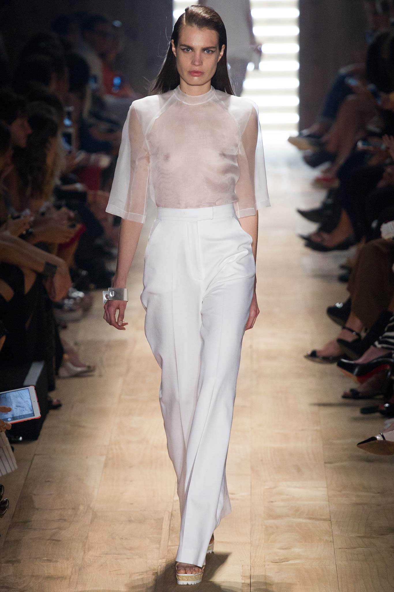 white silk short-sleeve high-neck fitted sheer flowing top