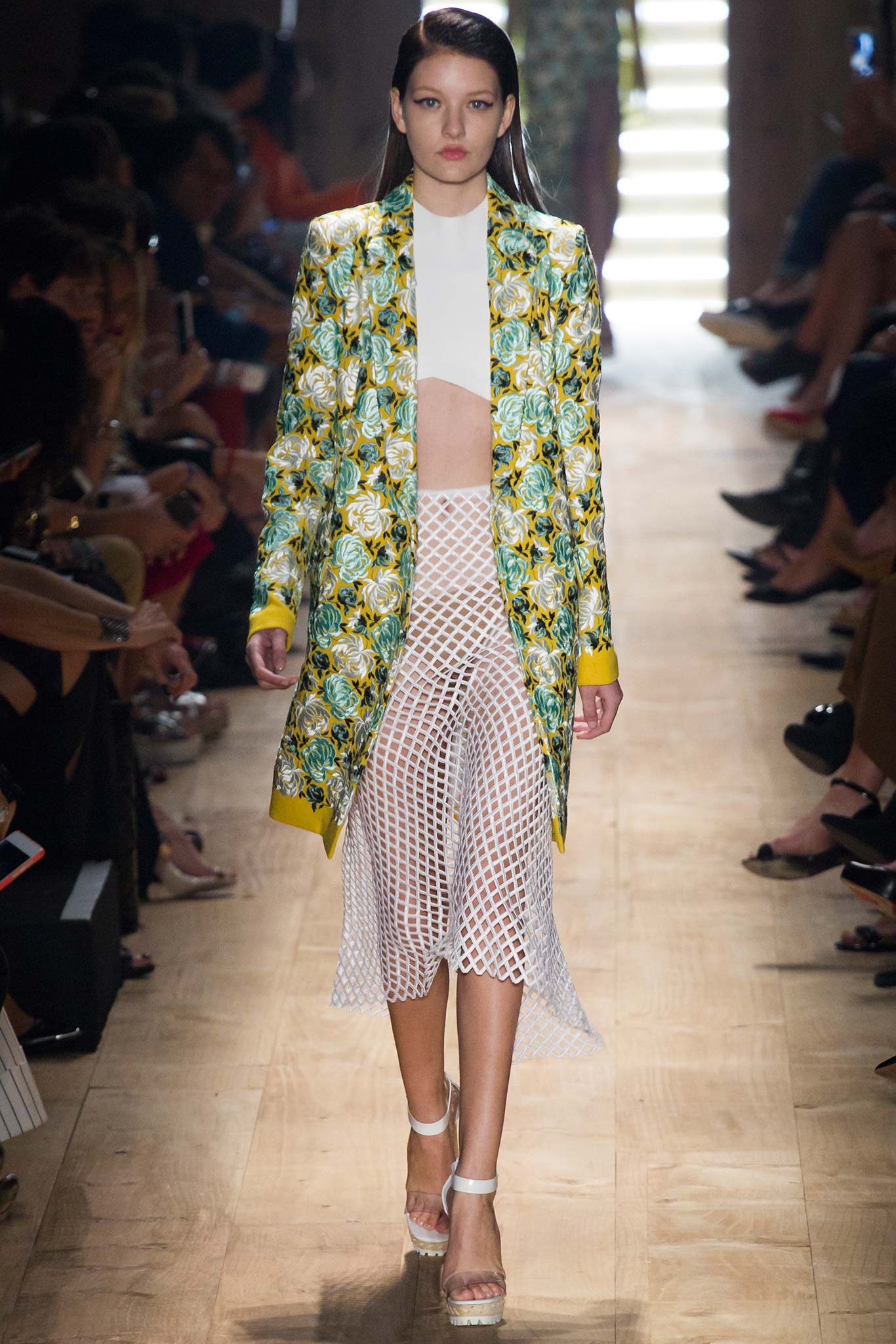 floral coat with white top and skirt