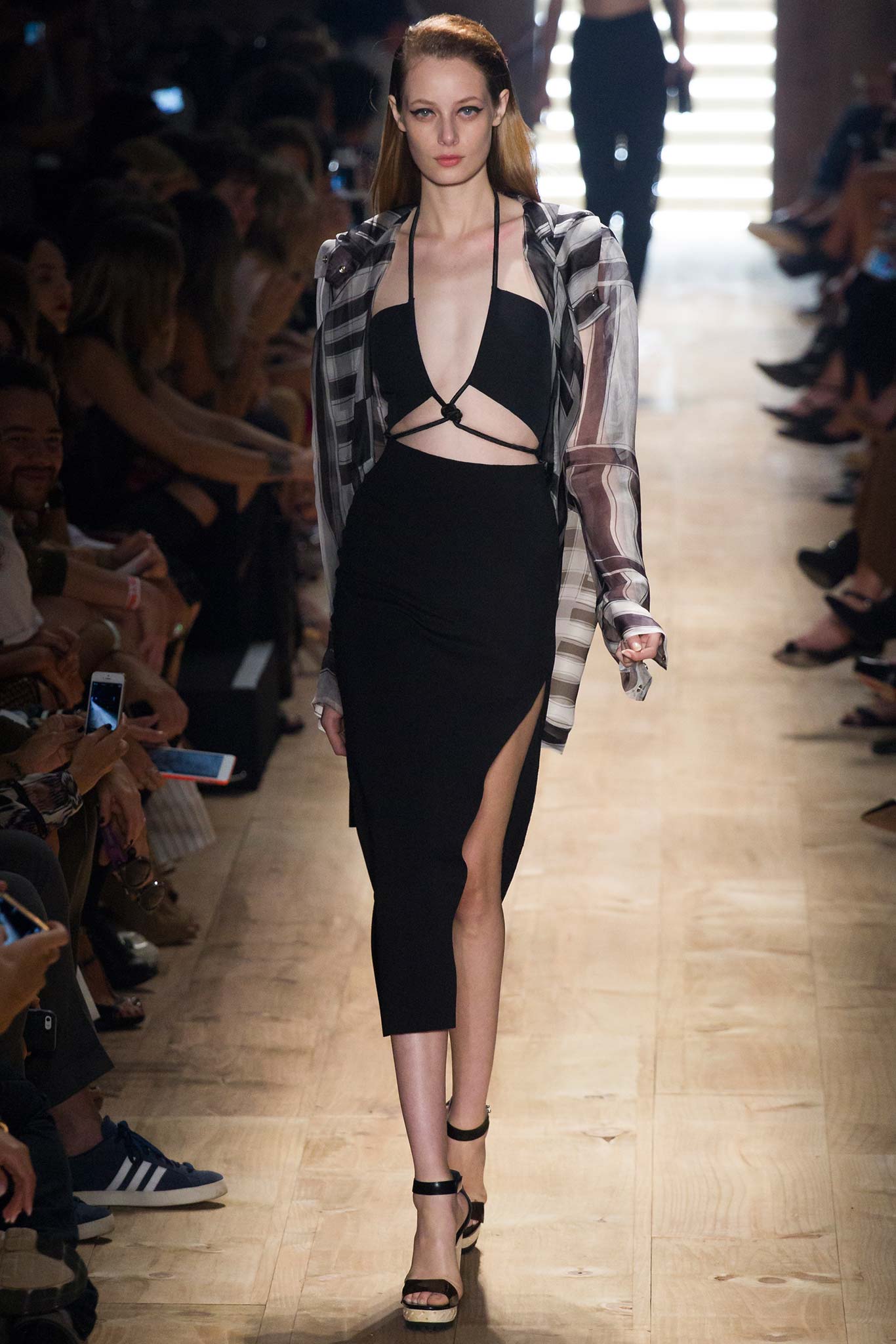 black silk midi dress with gray jacket