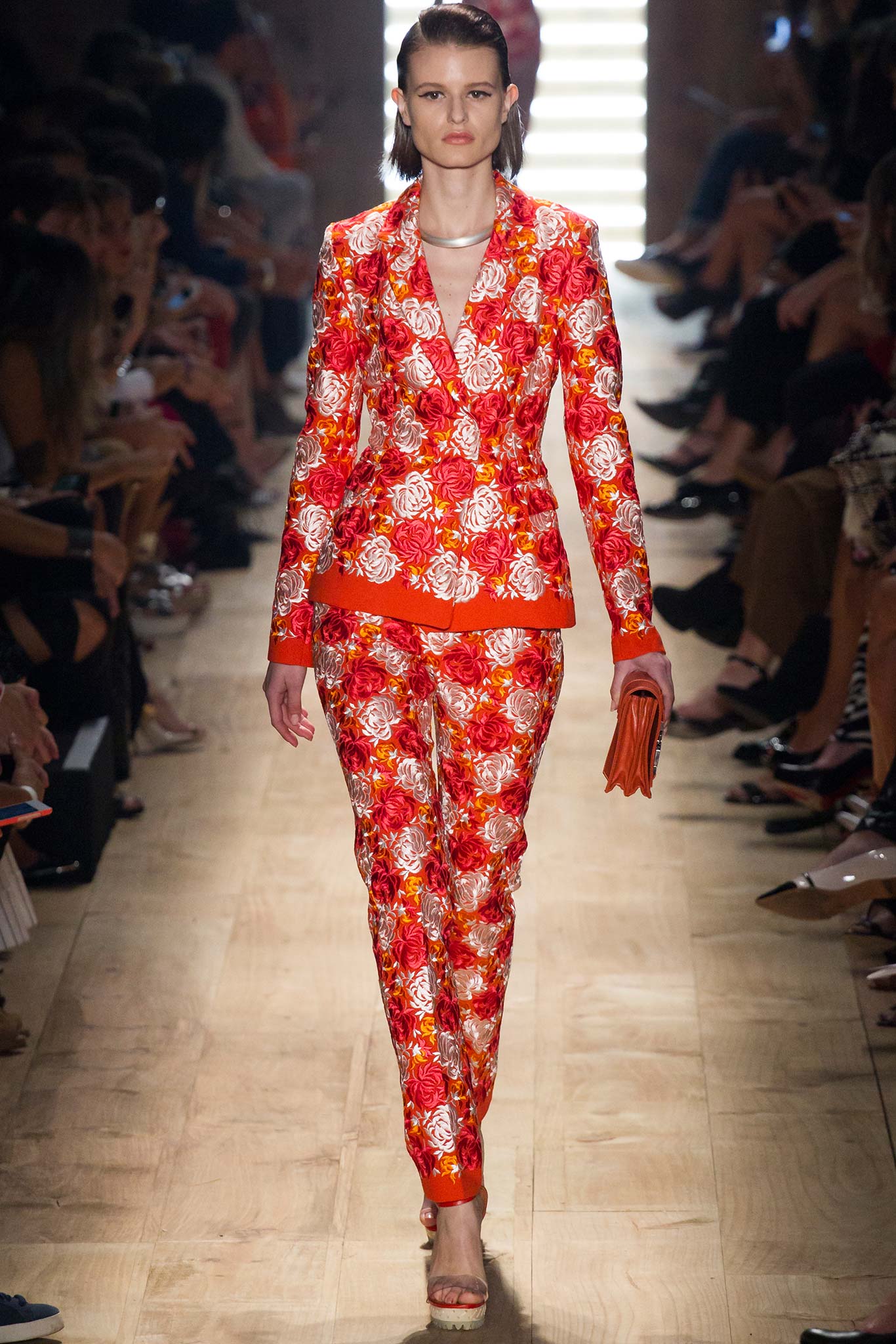 red long-sleeve collared fitted floral suit