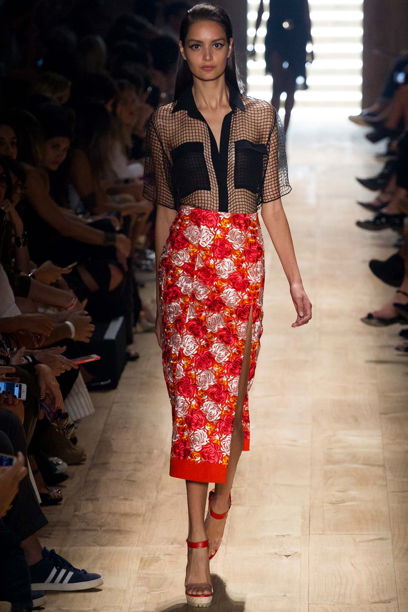 black mesh top red floral skirt