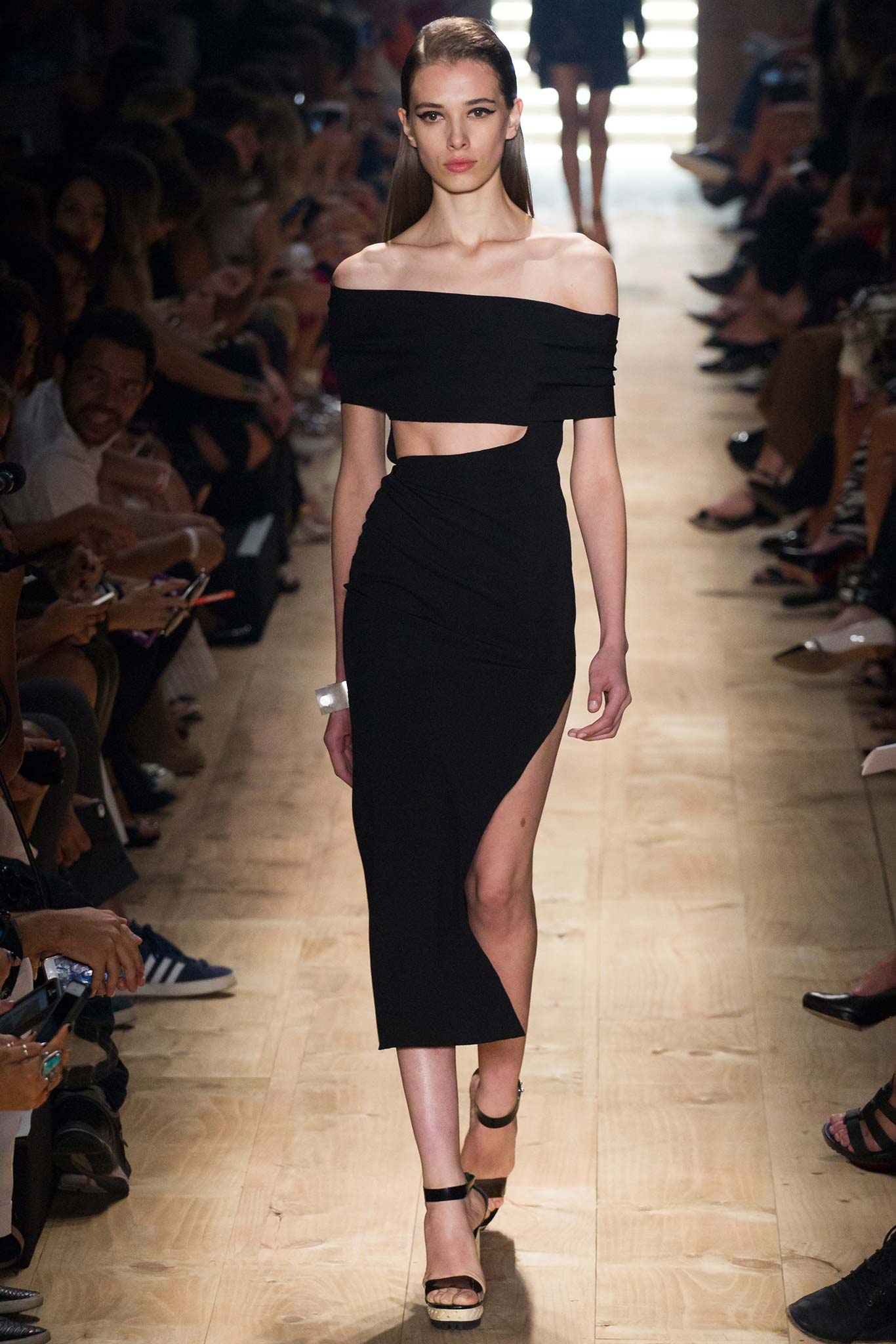 black off-shoulder fitted dress