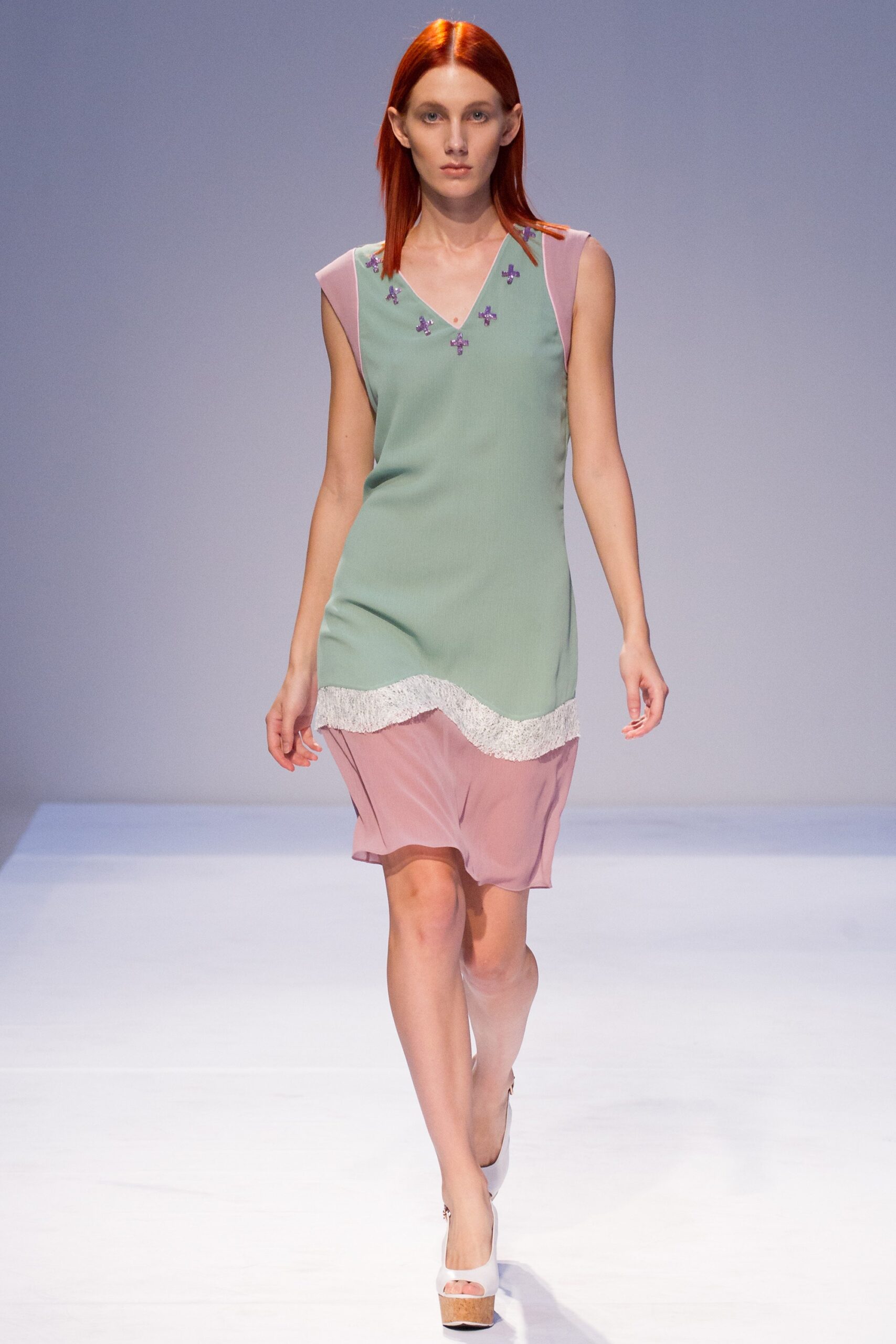 green and pink sleeveless dress