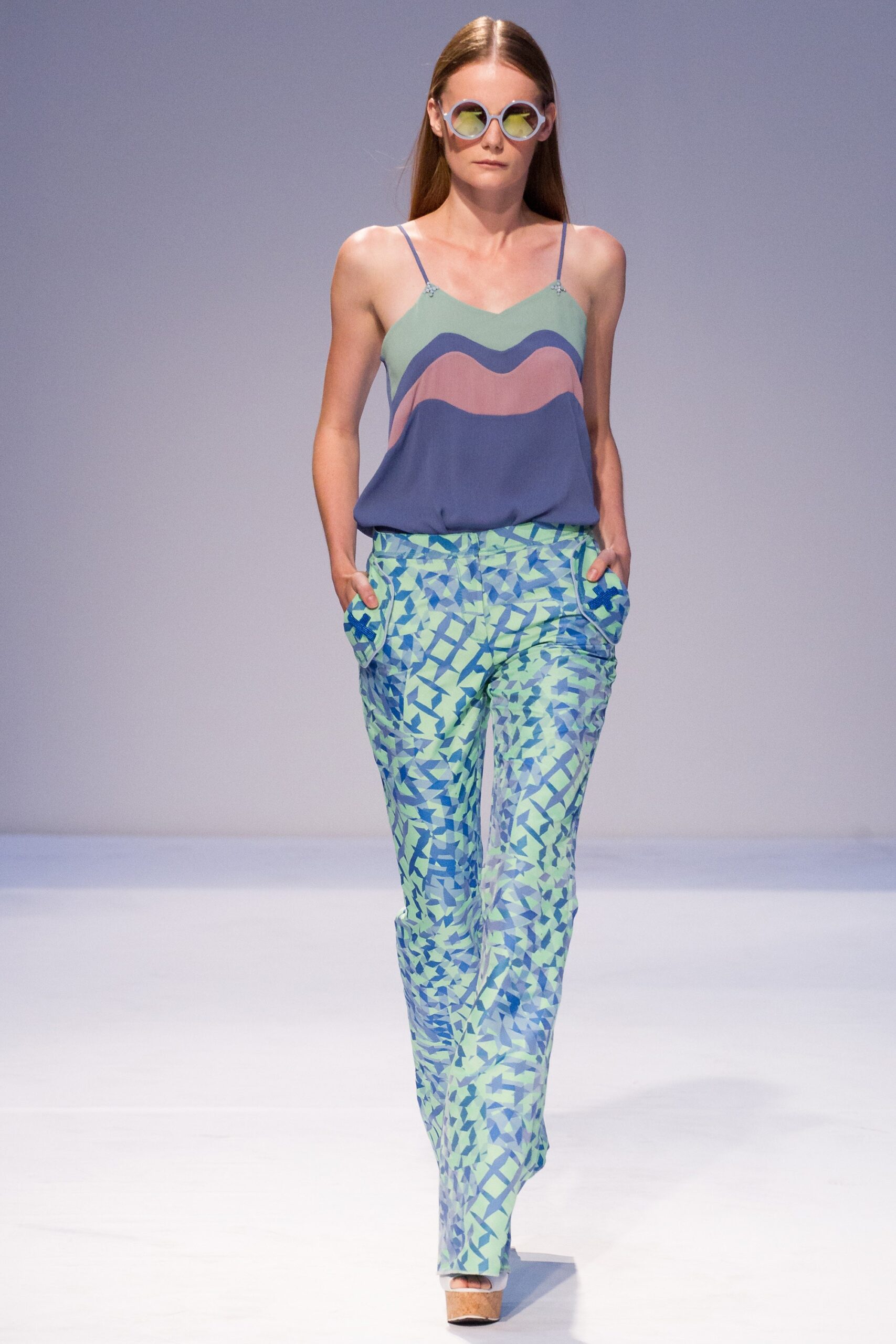 color-blocked top with printed pants