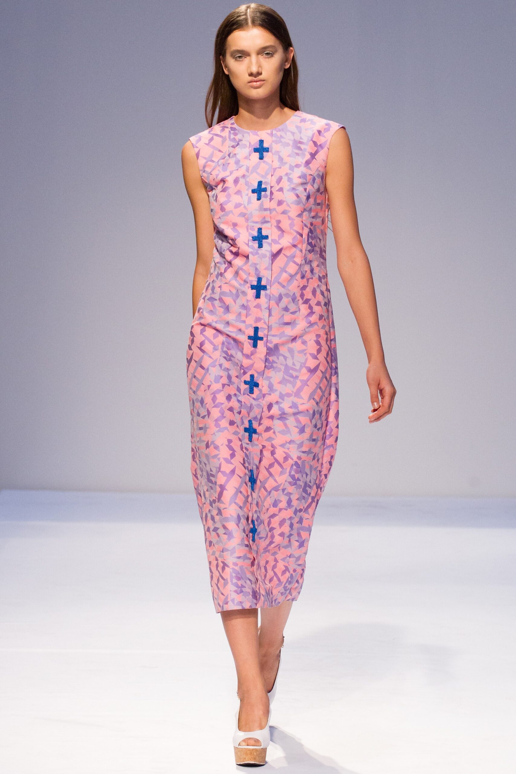 pink and blue printed midi dress