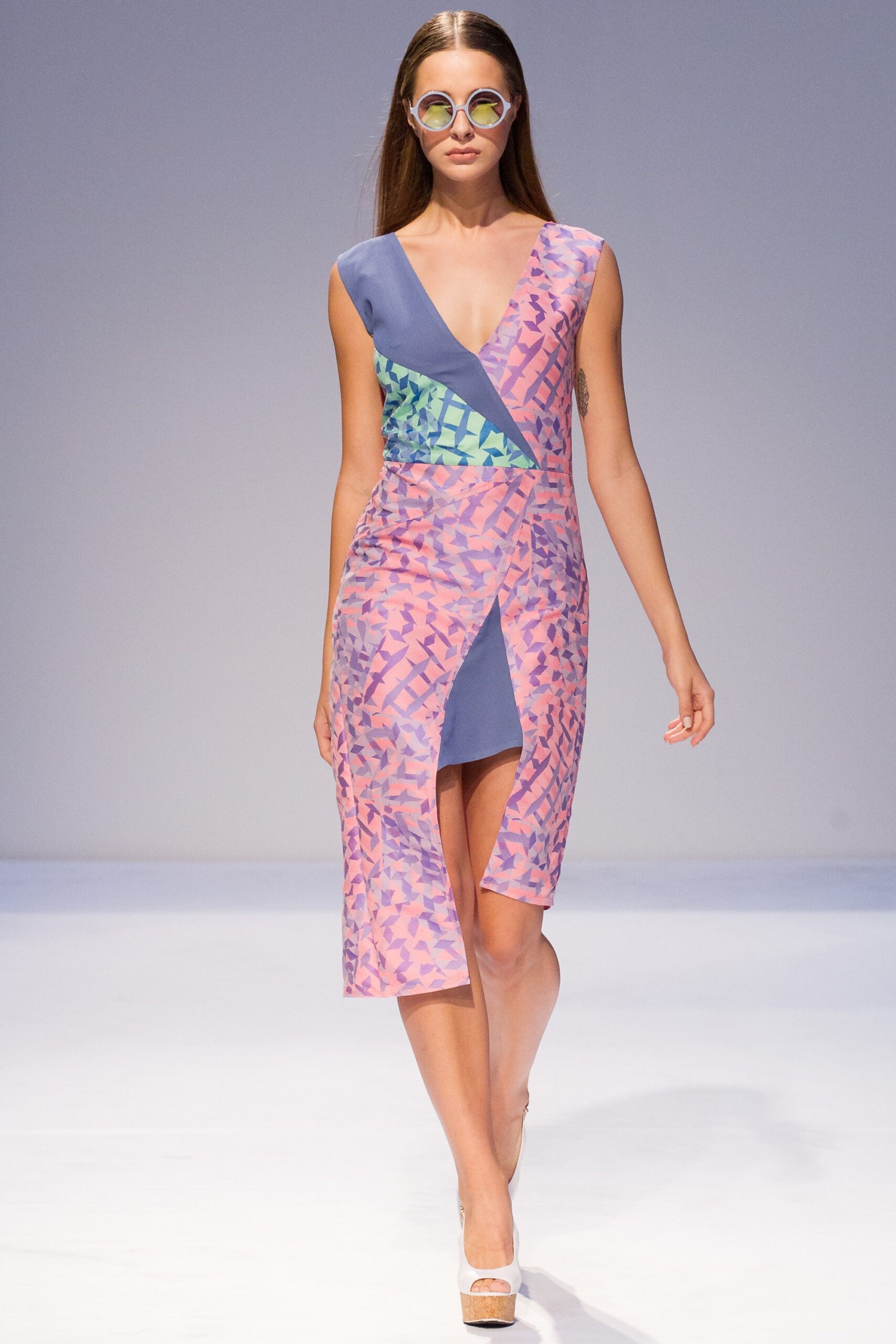 pink and blue printed midi dress