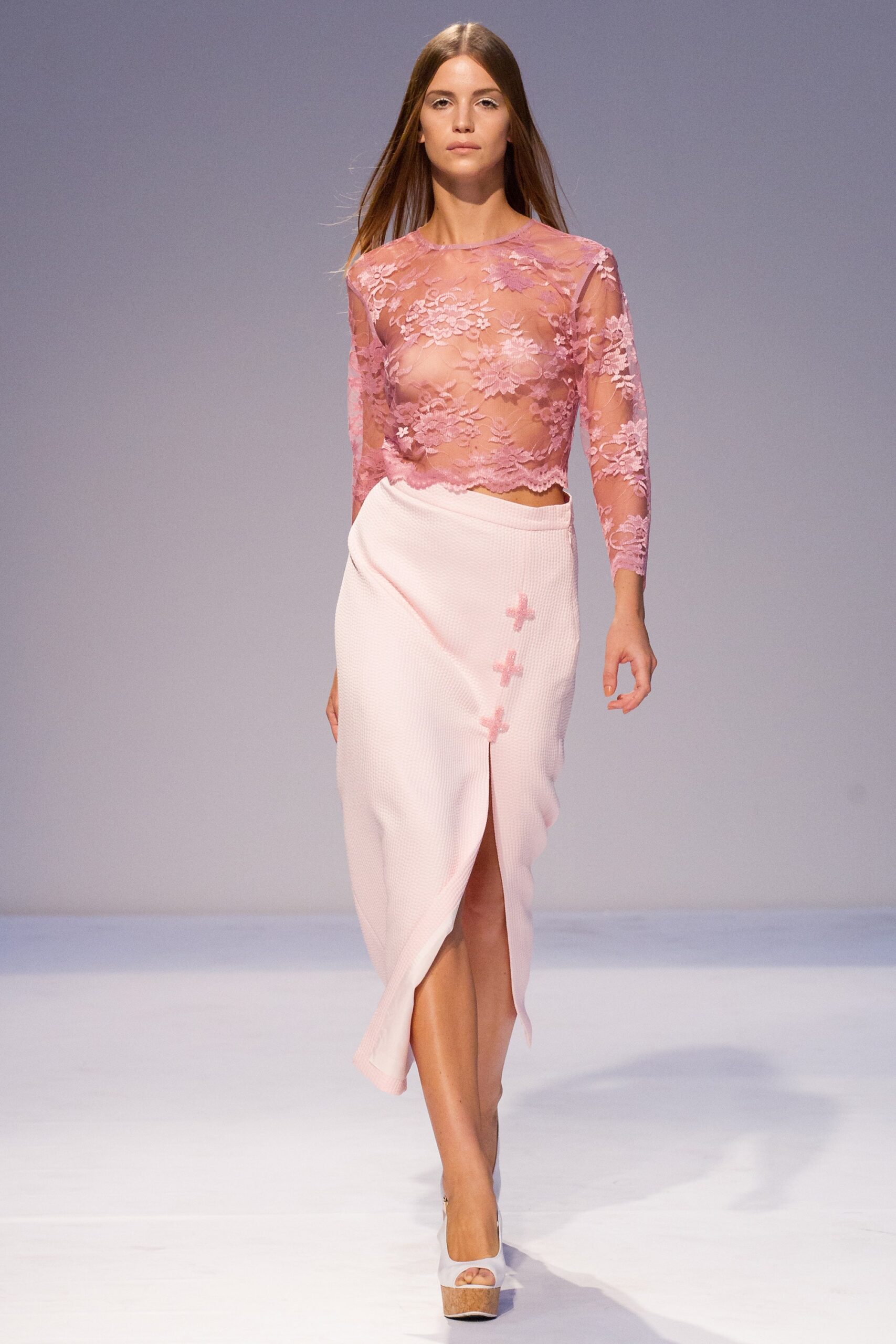 pink lace long-sleeve high-neck fitted embroidered sheer blouse