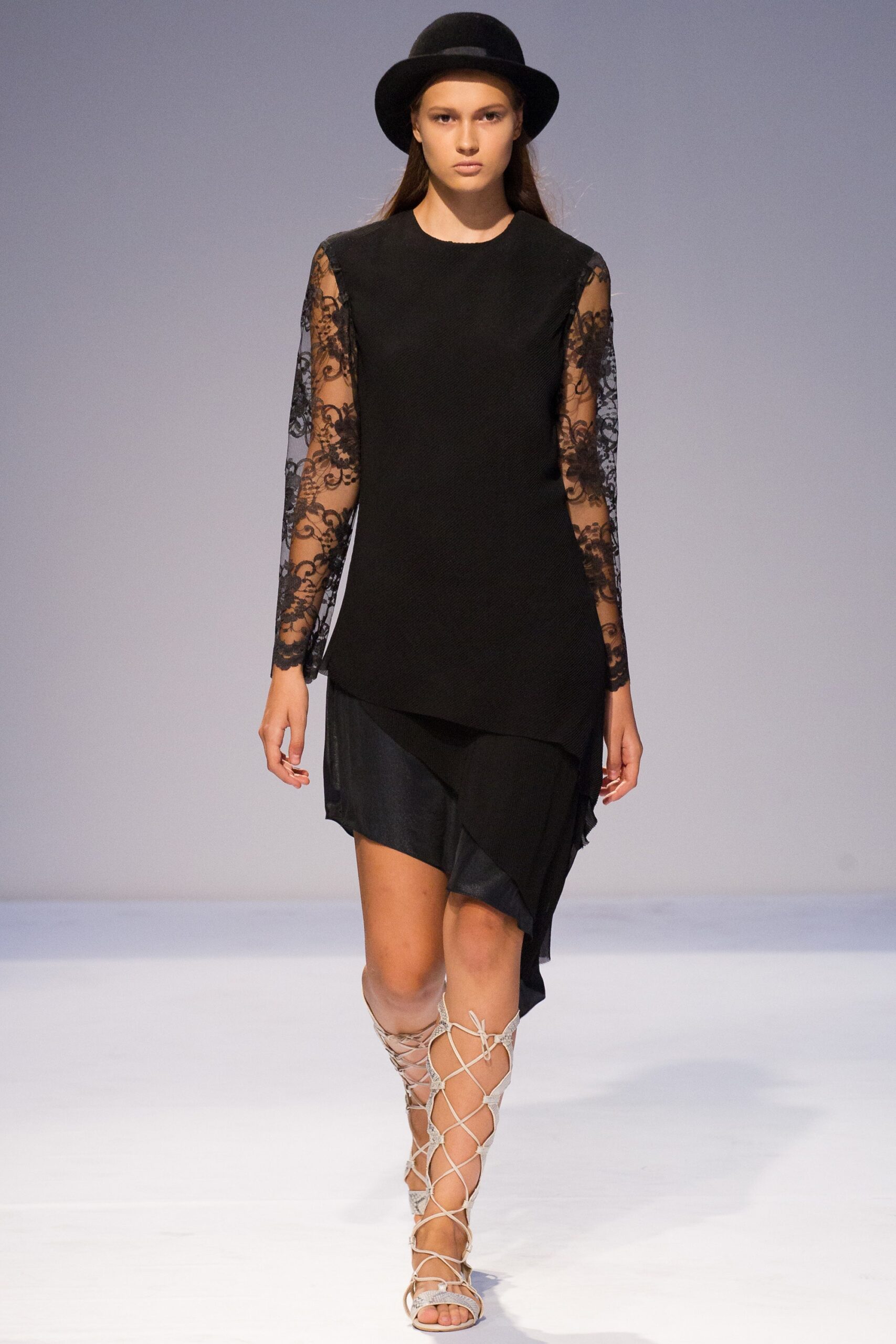 black asymmetric dress with hat