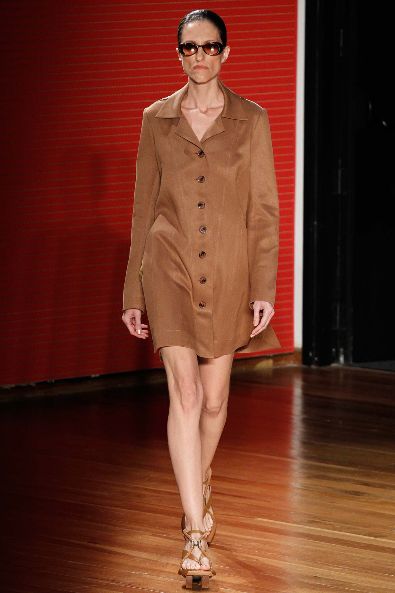 brown cotton long-sleeve collared relaxed buttoned short dress