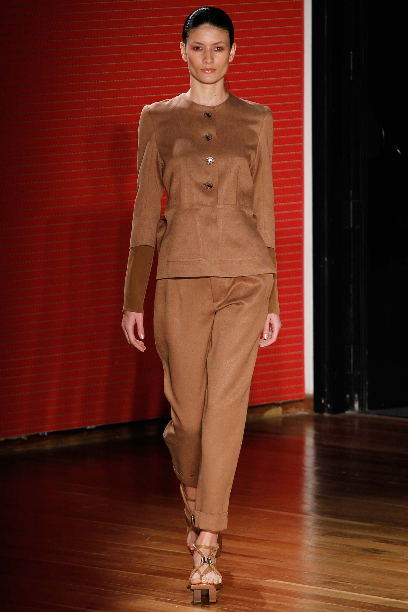 brown suede long-sleeve collared fitted buttoned blazer