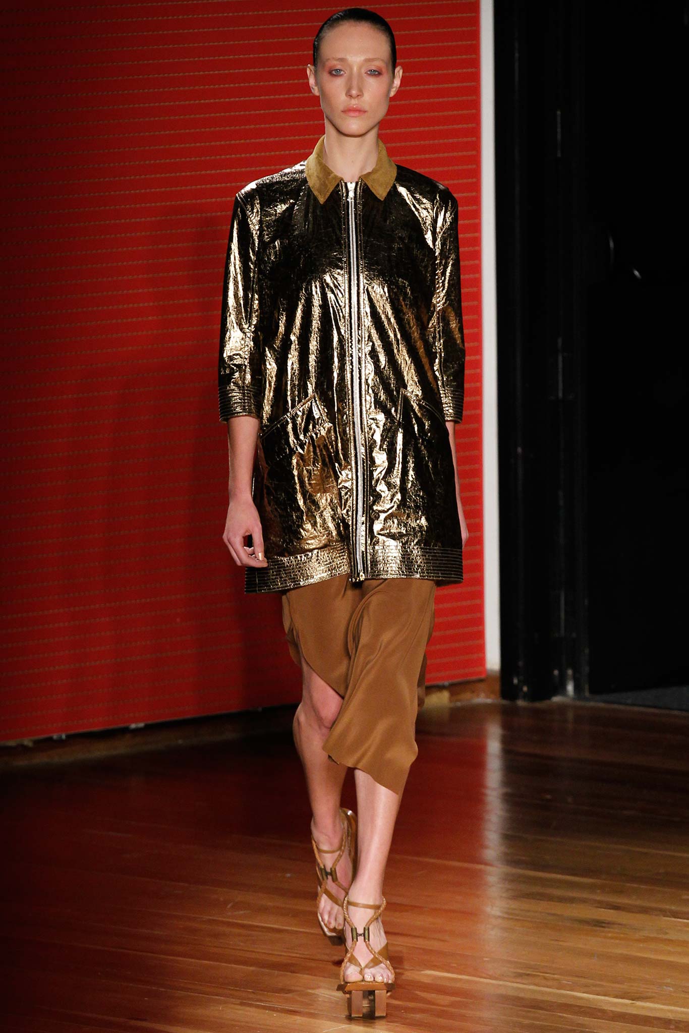 gold metallic long-sleeve collared relaxed zippered shiny coat