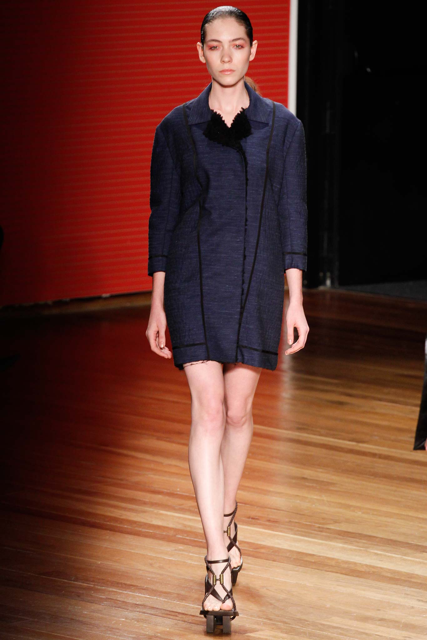 blue cotton long-sleeve collared fitted straight-leg mini dress