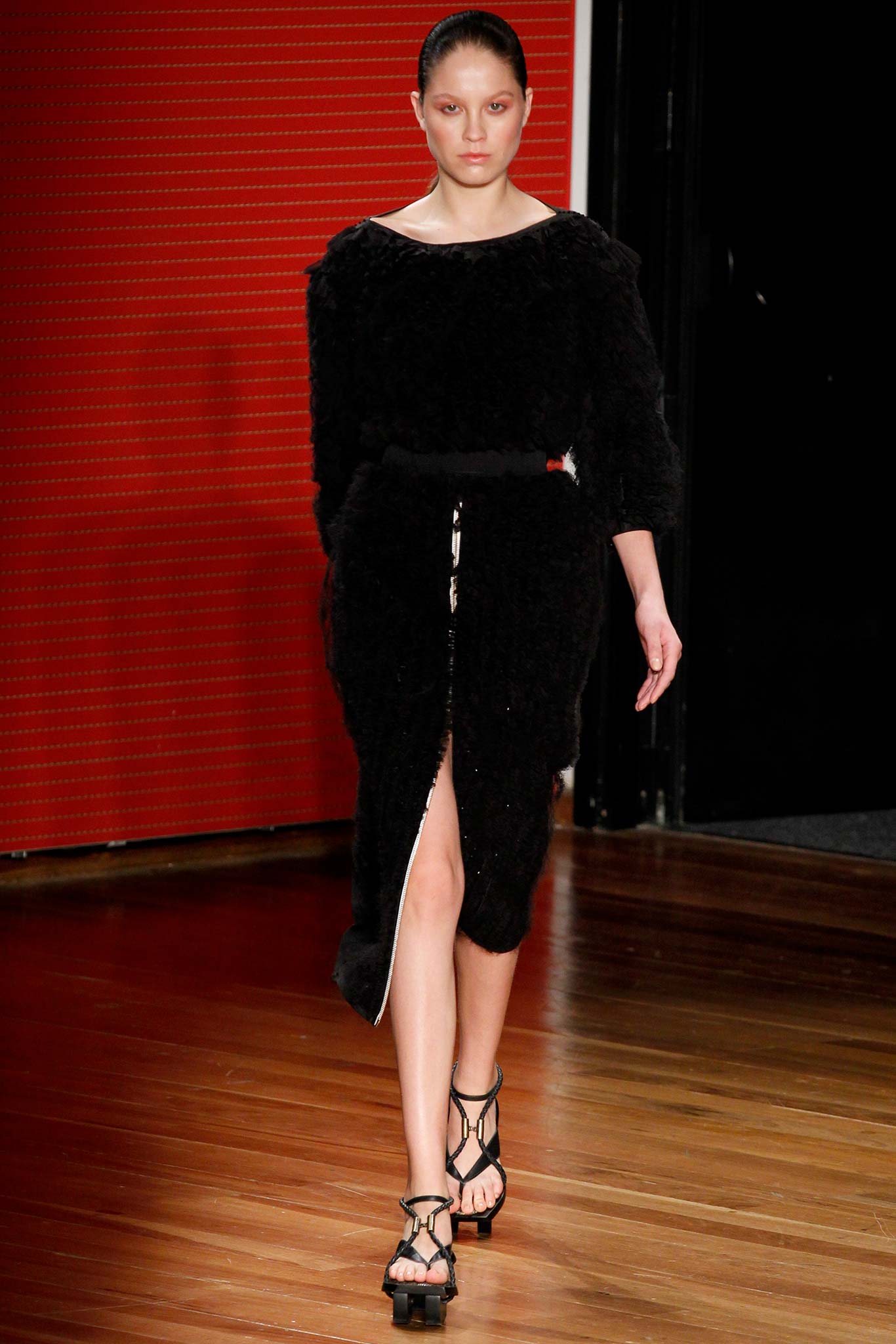 black fur long-sleeve v-neck fitted draped midi dress