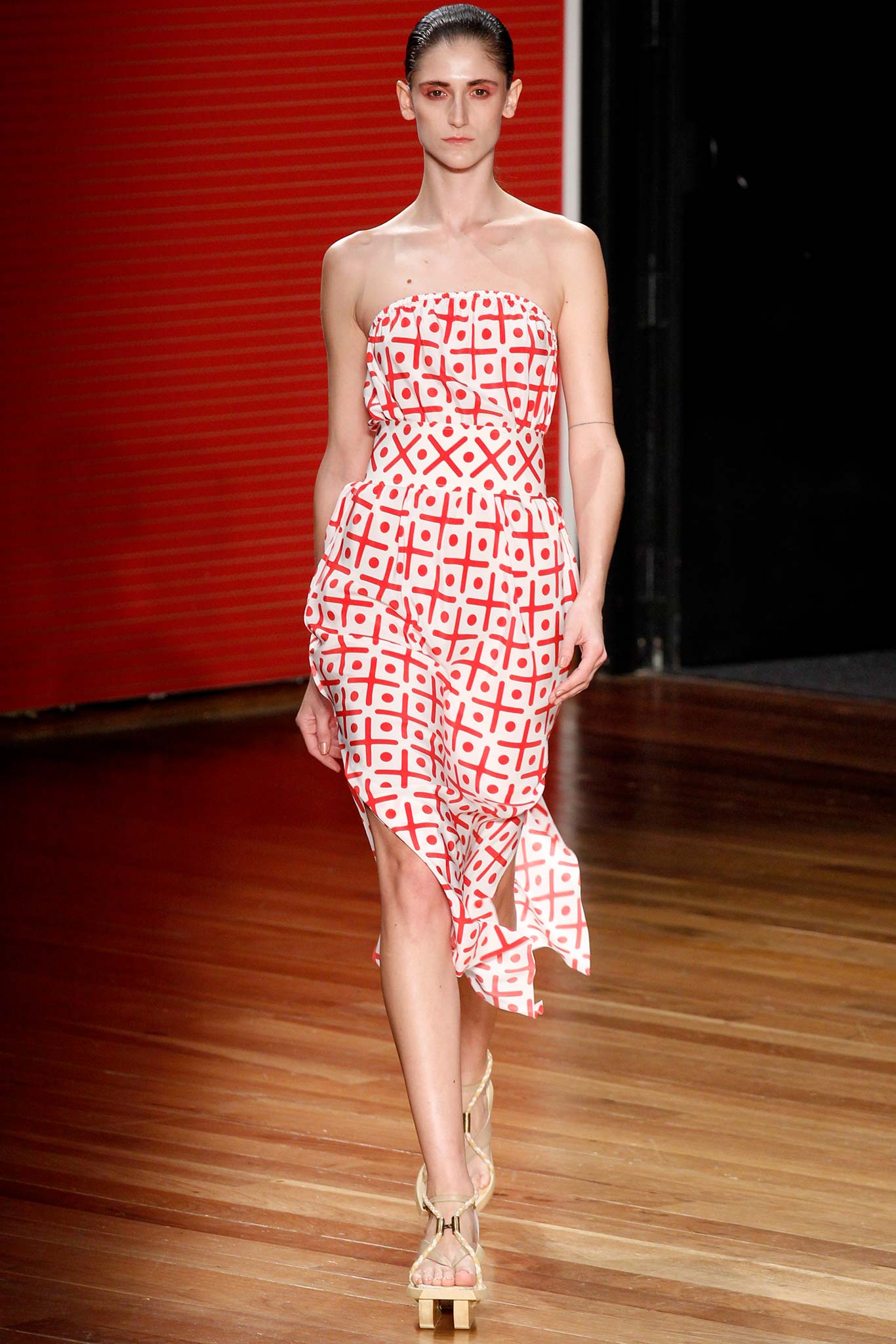 red and white strapless midi dress
