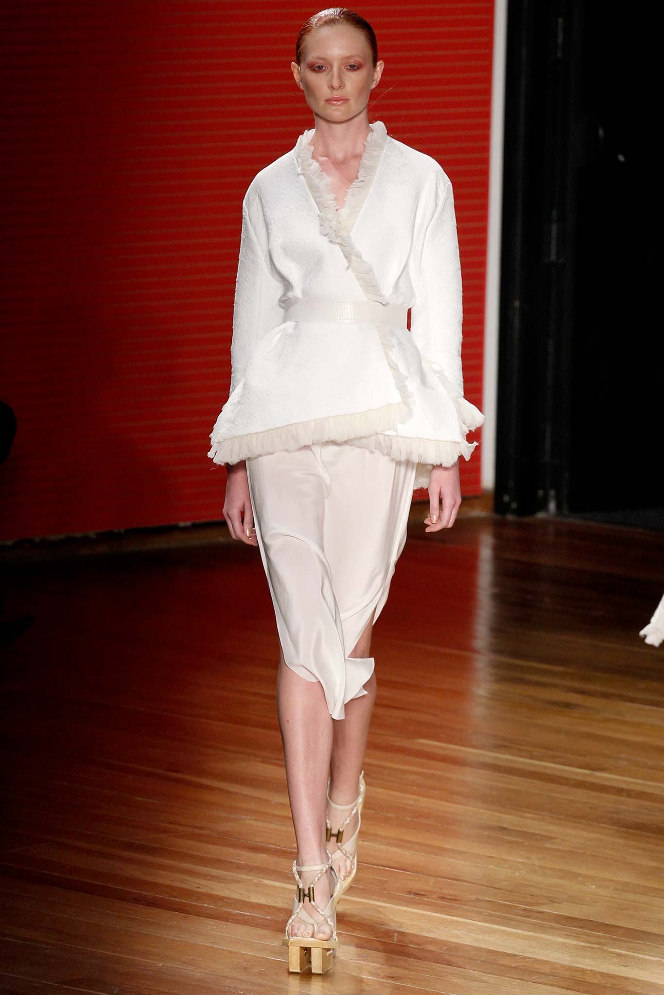 white cotton long-sleeve v-neck fitted ruffled blouse