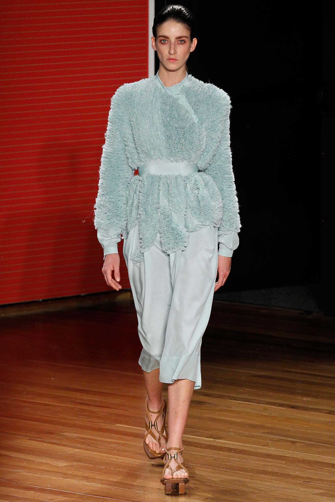 blue silk long-sleeve relaxed ruffled top