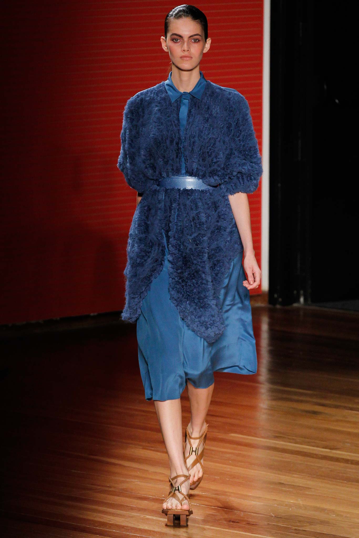blue silk midi dress with fur cape