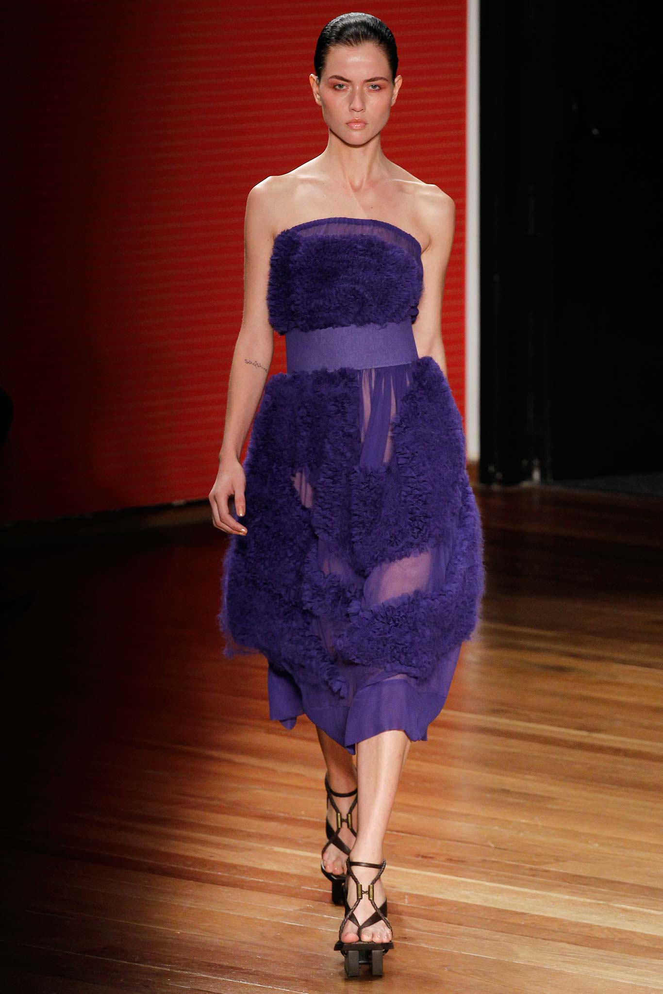purple strapless draped dress