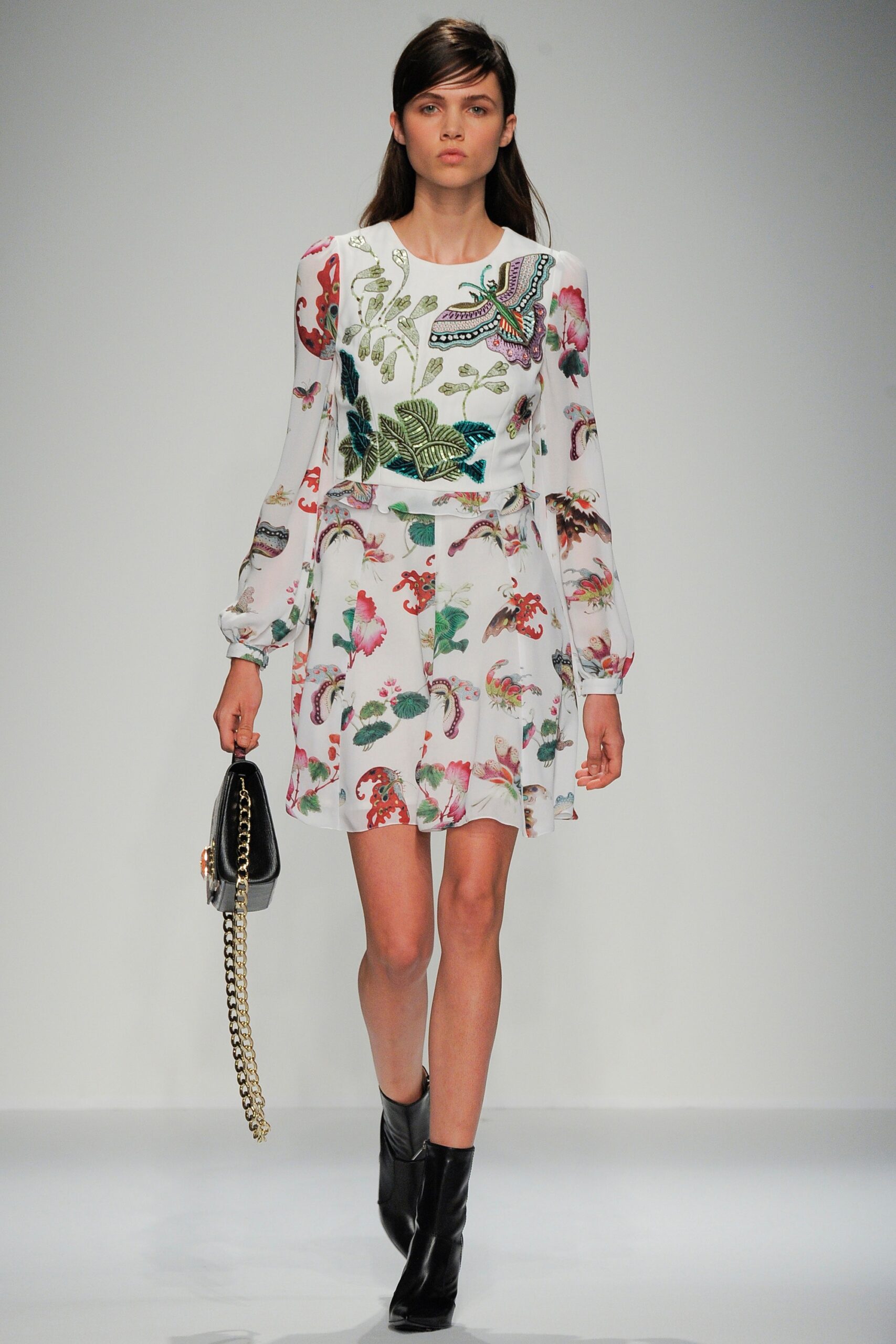 embroidered mini dress with black bag