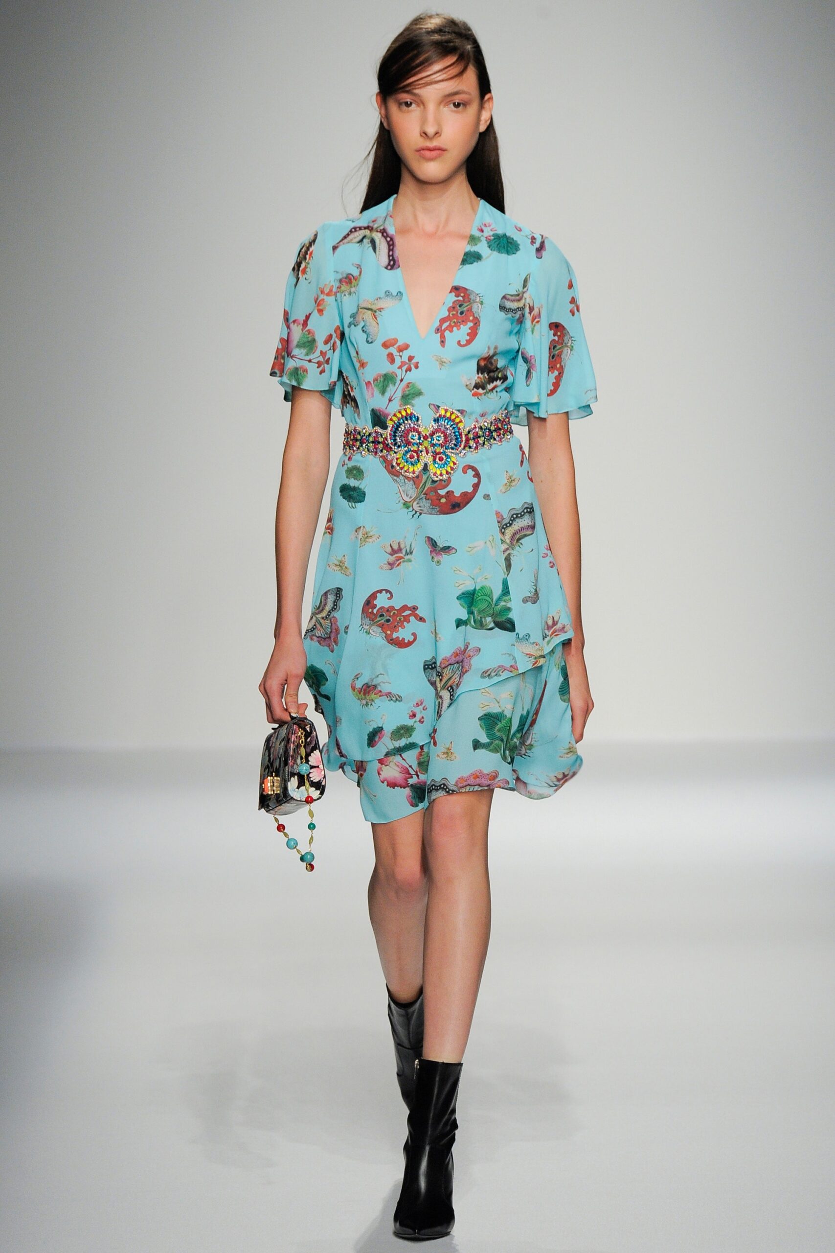 blue printed mini dress with belt