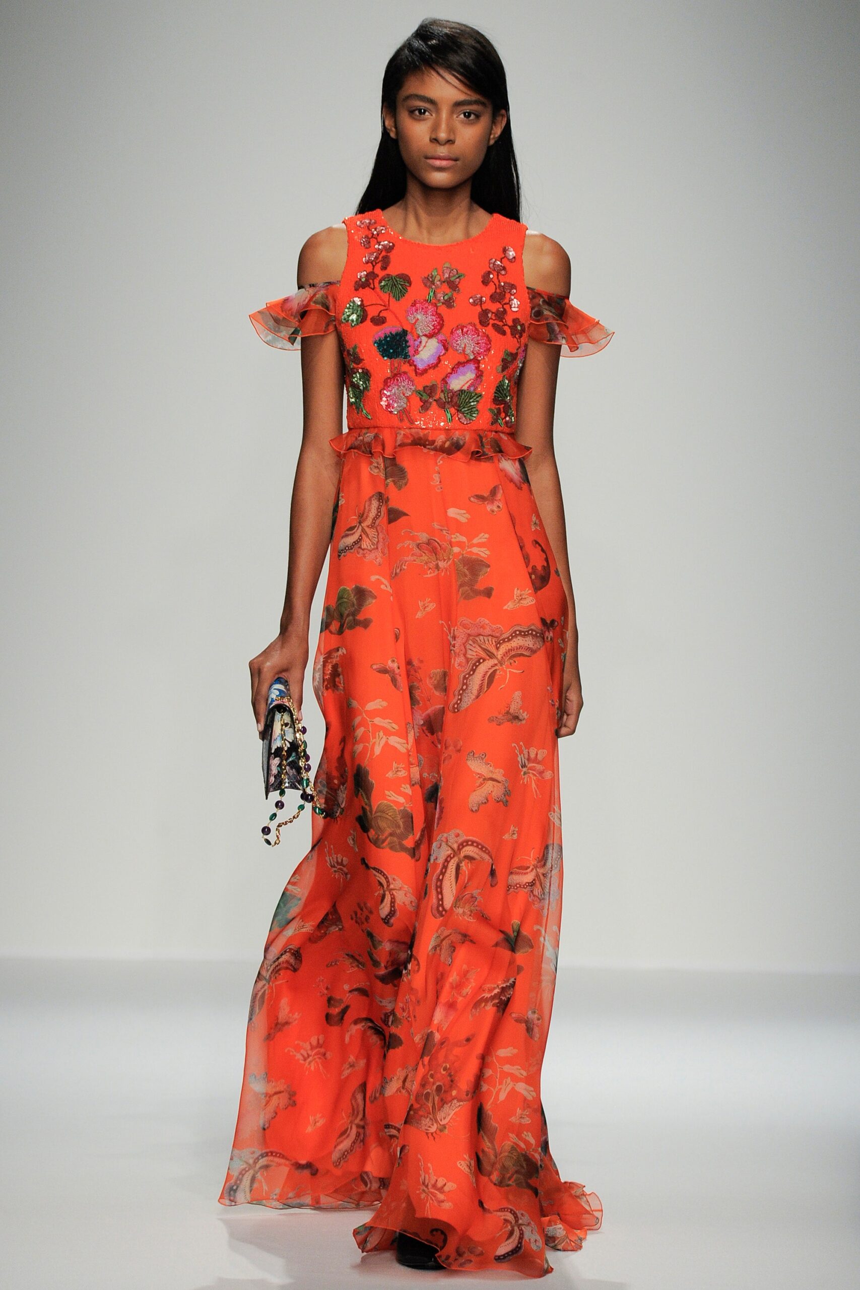 red floral off-shoulder gown