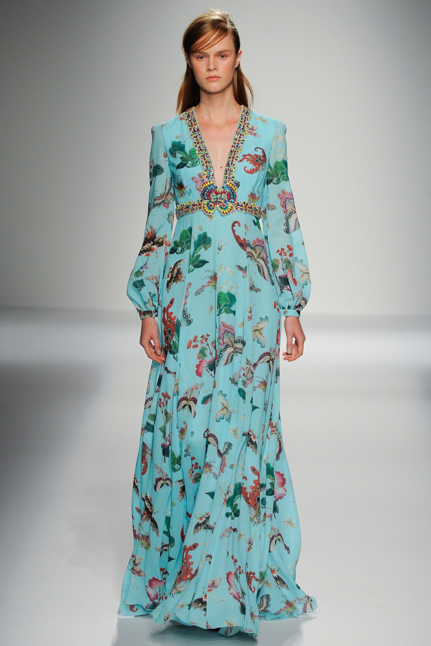 blue silk embroidered gown